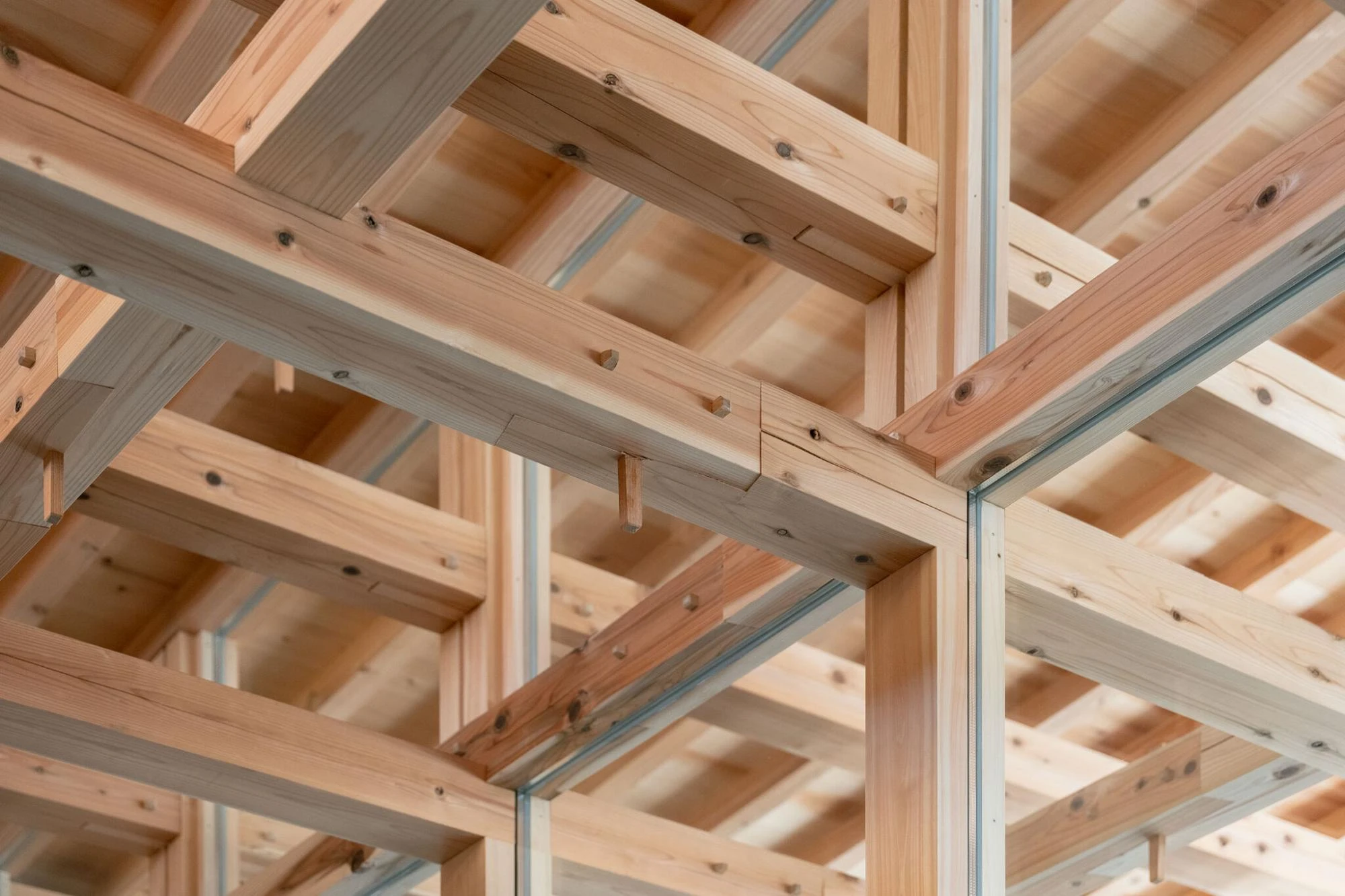 Single Family House in Aichi by Ryota Sekiya, photographed by Shun Fukuda — a close study of the beam lattice, cedar members lapped and pegged with hand-cut joints and no metal fittings.