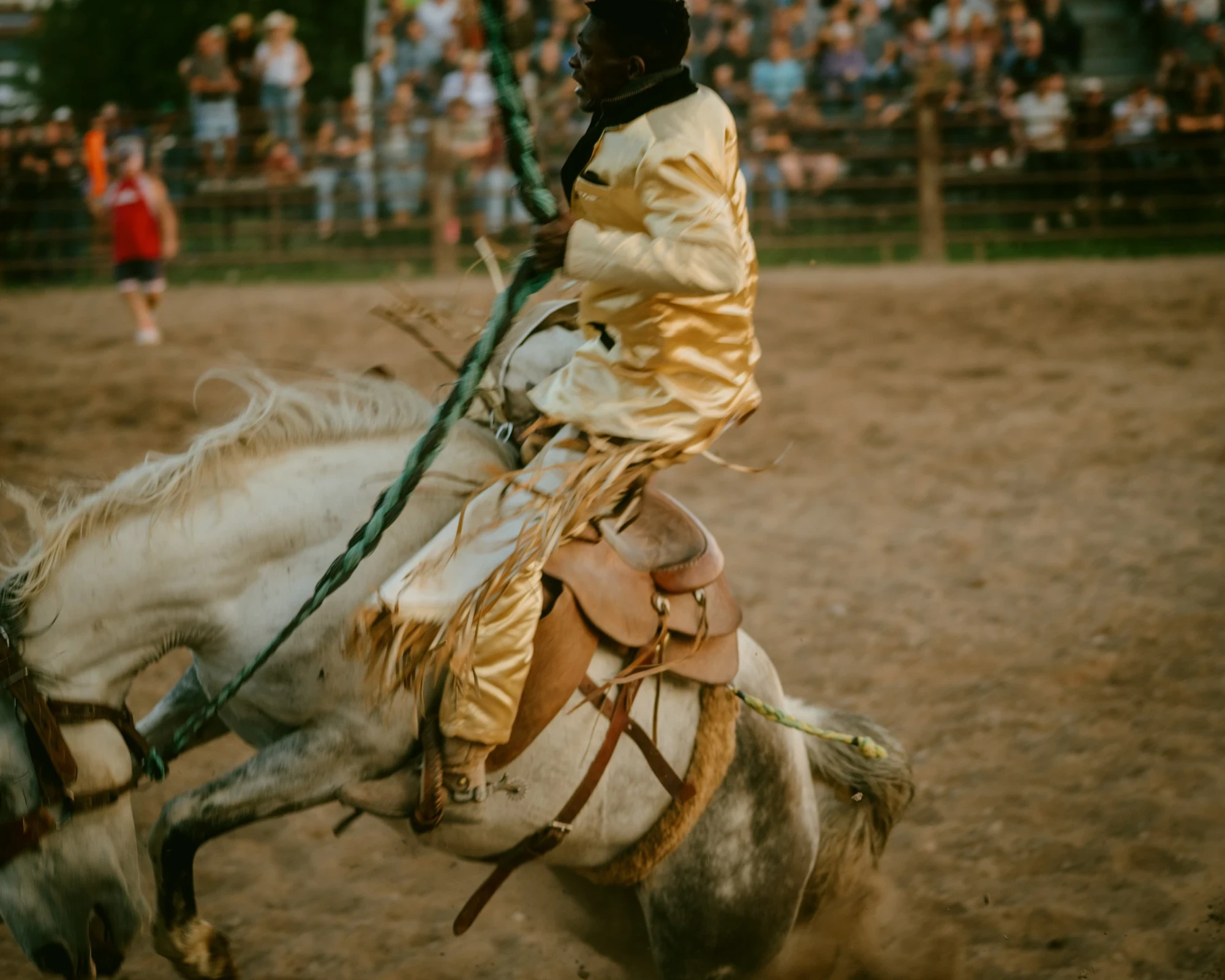 Brash by Aaron Agosto — A Black bronc rider in gold satin chaps and fringe hangs sideways off a rearing pale horse as a rope whips across the frame