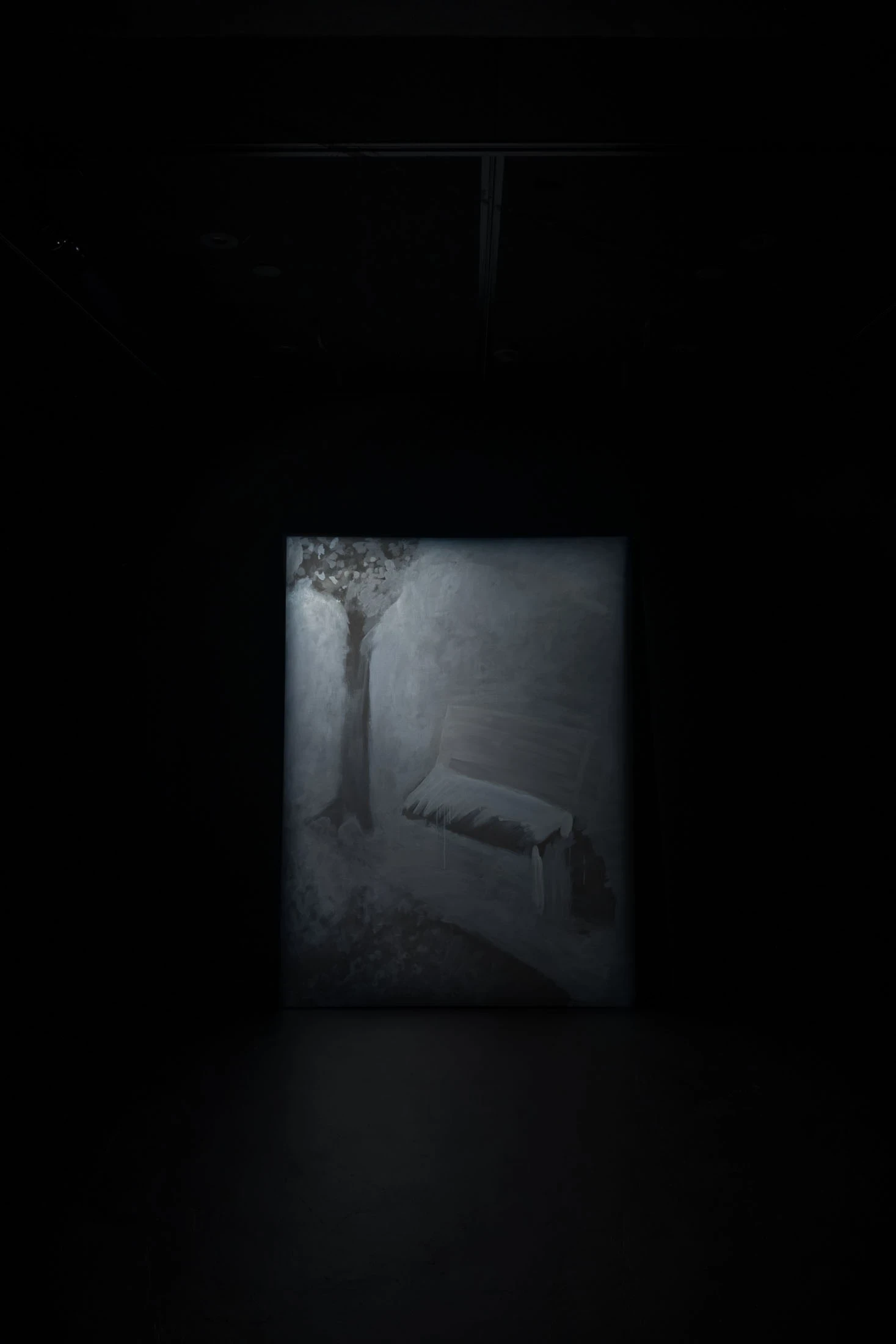Spillover by Ann Zhao, photographed by Felix S.C. Wong — The warm autumnal bench painting glows beside a concrete staircase while its enlarged grey monochrome version leans against the far wall in shadow