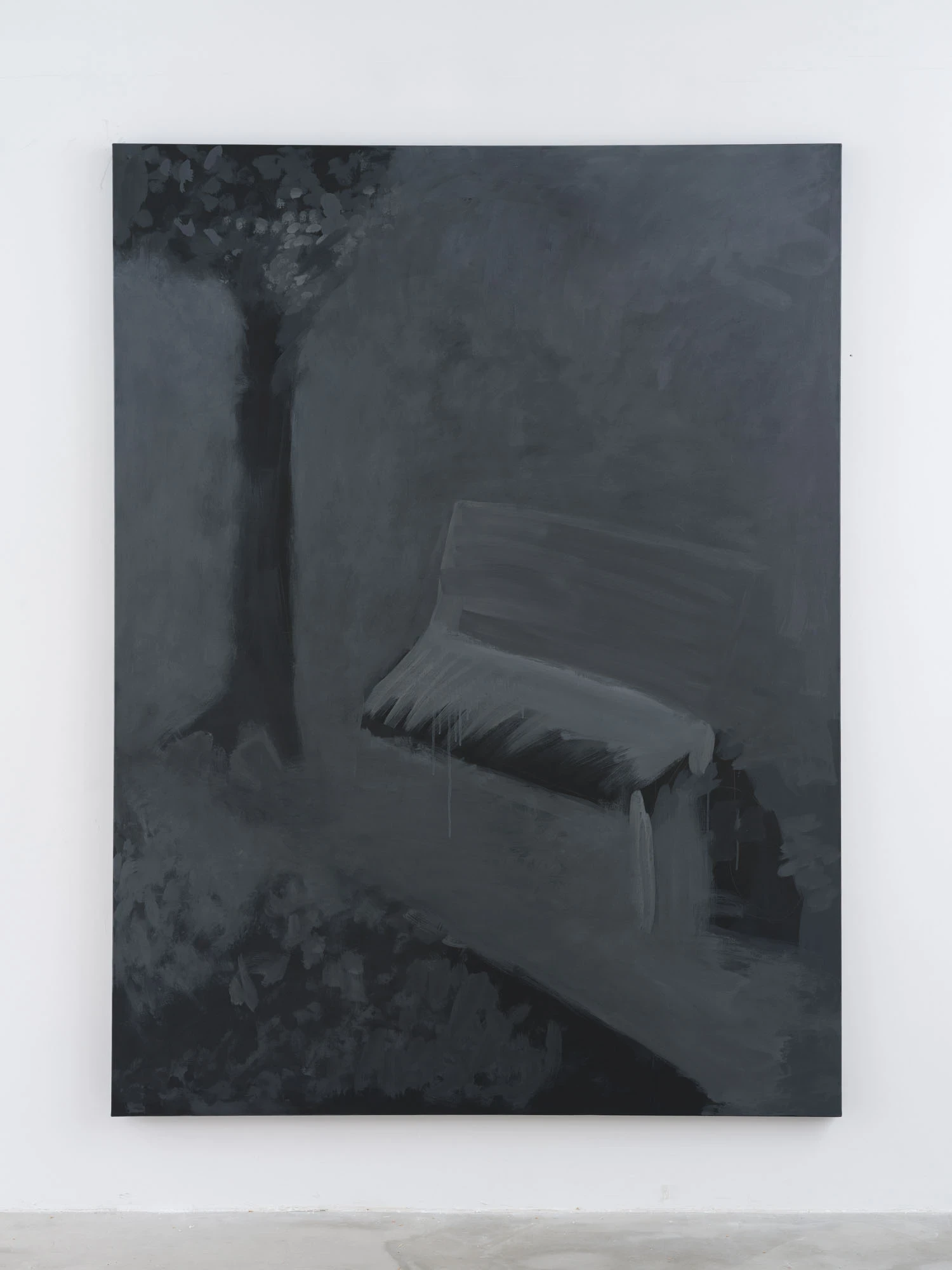 Spillover by Ann Zhao, photographed by Felix S.C. Wong — The Curse canvas hung against a white wall, its grey and black bench and tree softened almost to disappearance