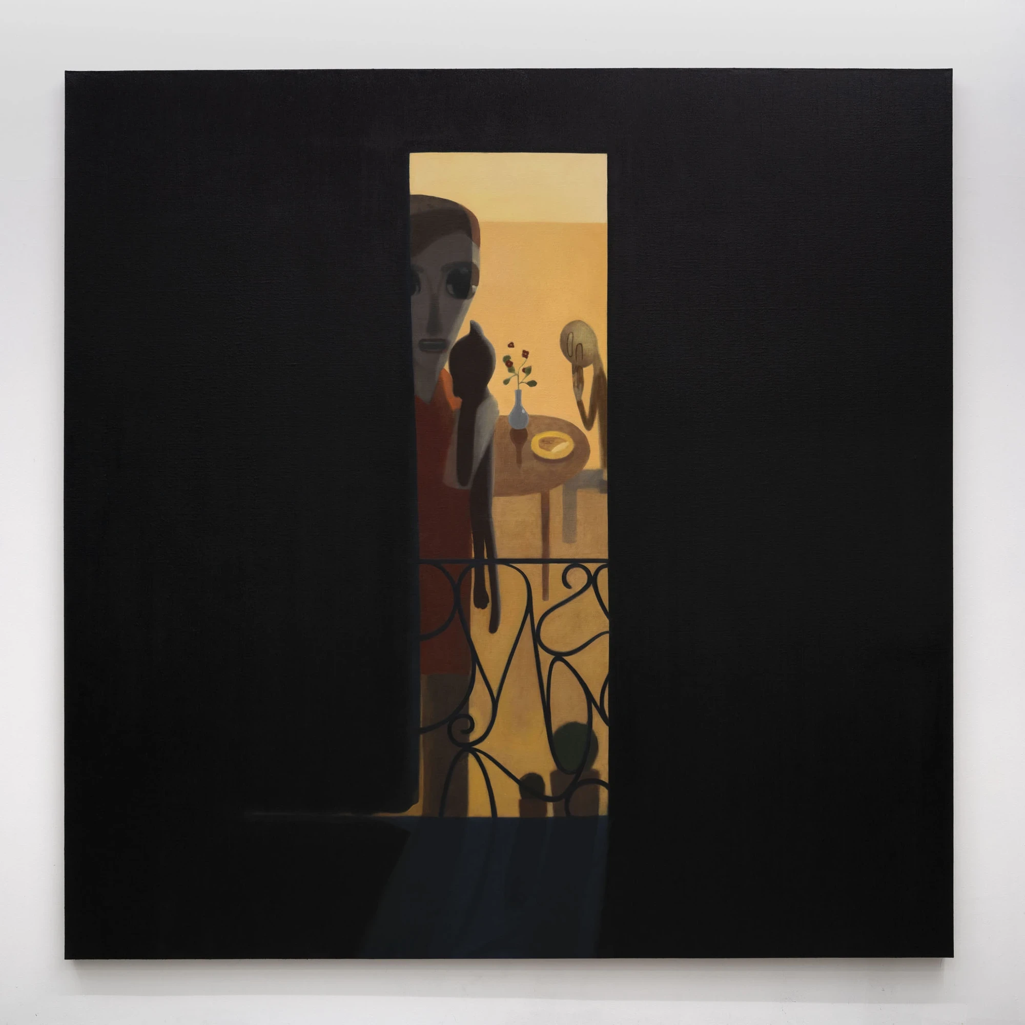Every Day, Mostly Night, Sometimes Daylight by Satoru Kurata, photographed by Michela Pedranti -- A large near-black square canvas broken by a single narrow vertical slit that reveals a warm-lit interior, a figure, a rose in a vase and a small table seen