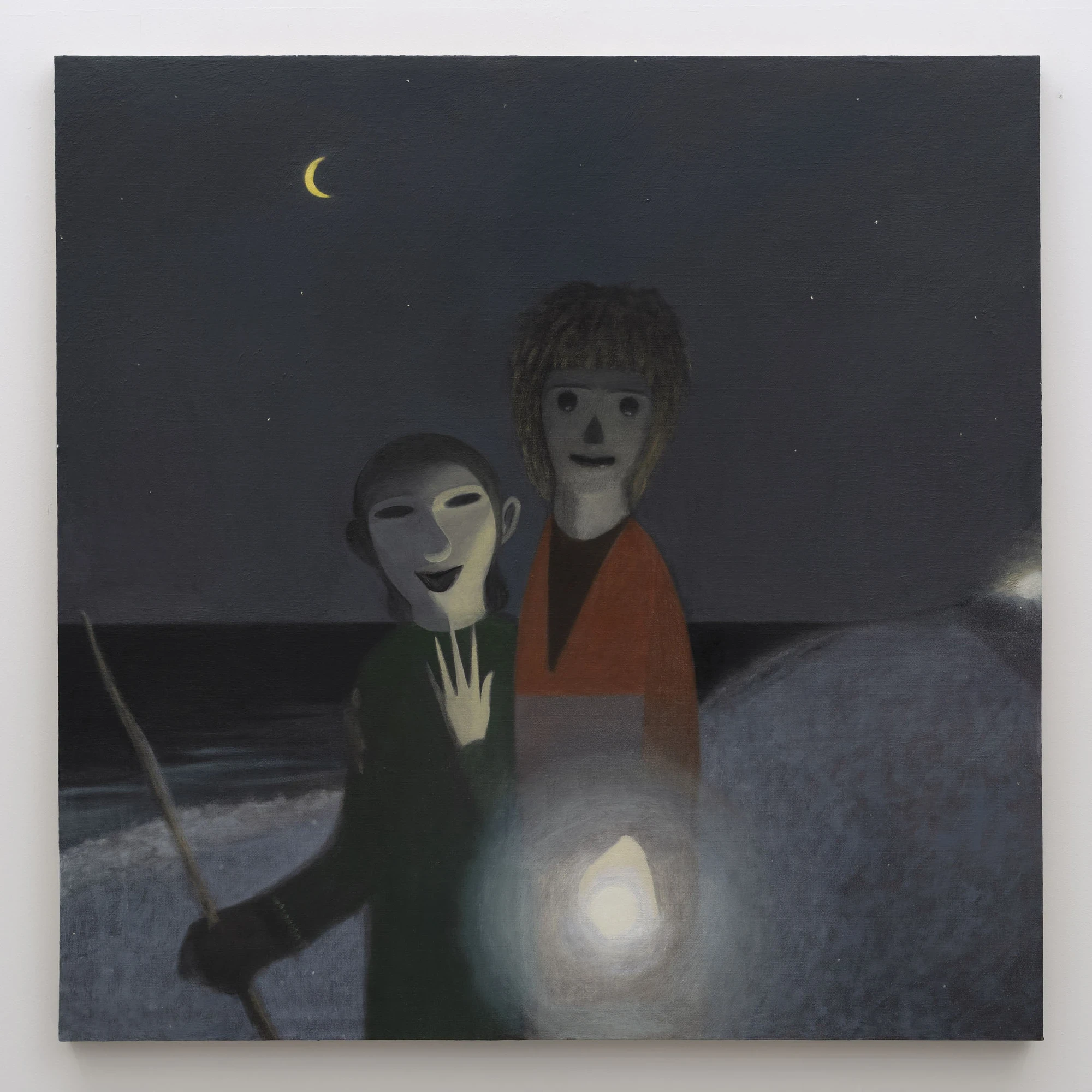 Every Day, Mostly Night, Sometimes Daylight by Satoru Kurata, photographed by Michela Pedranti -- A square night beach scene of two figures, one in green and one in red, standing over a bright orb of lantern-light beneath a thin gold crescent moon