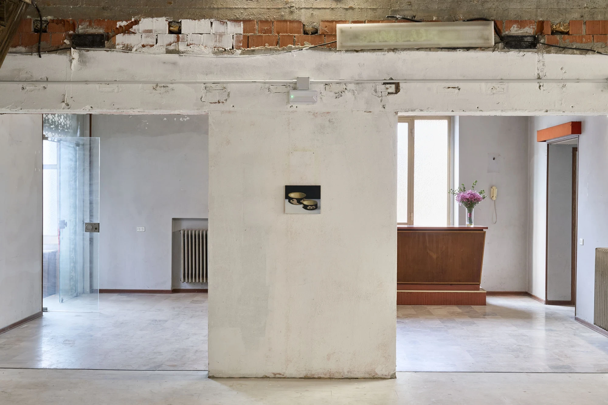 Every Day, Mostly Night, Sometimes Daylight by Satoru Kurata, photographed by Michela Pedranti -- A raw concrete partition wall carries a single small still life of two black-and-cream bowls, flanked by open views to a glass-walled room and a wooden recep