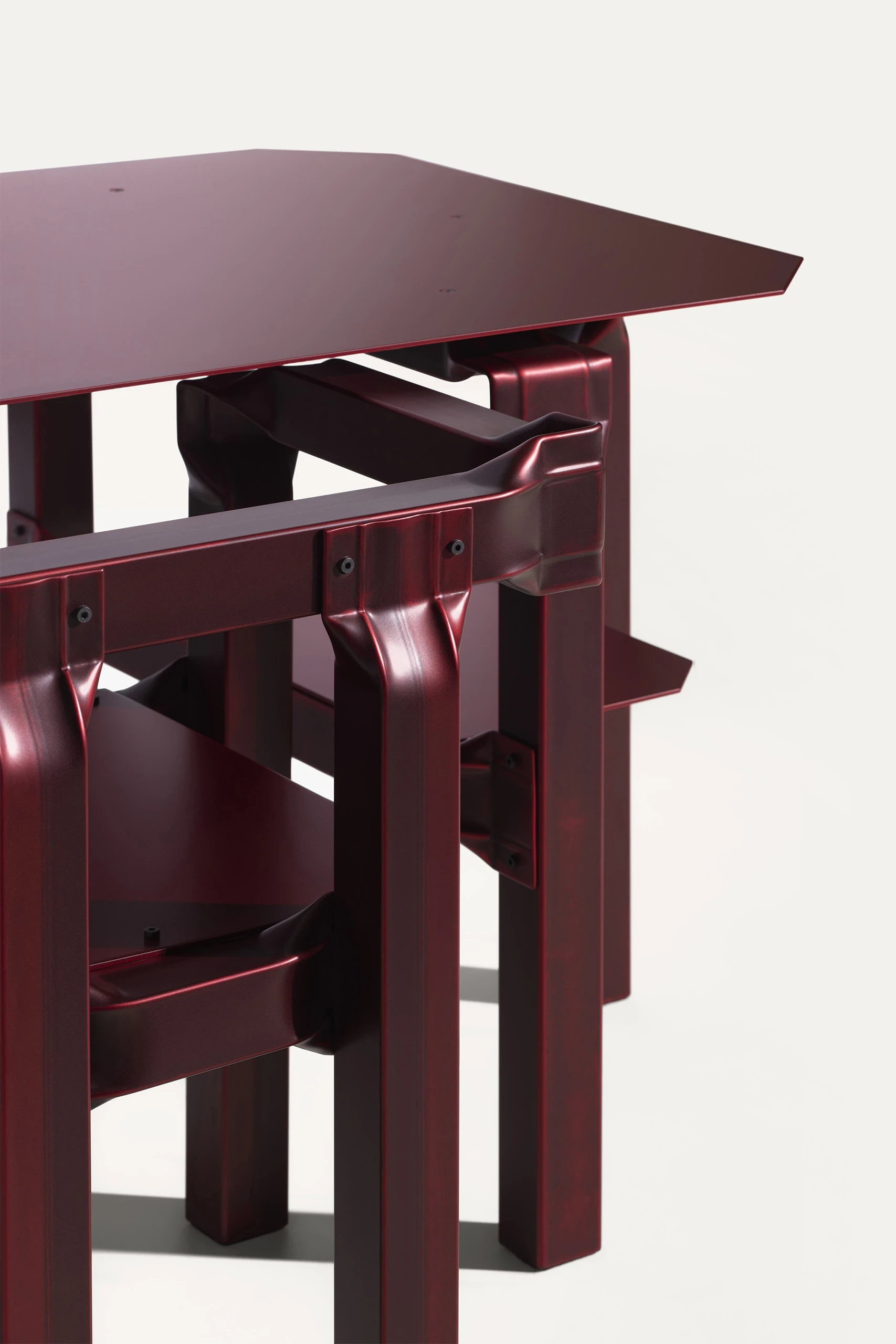 Tube Collection by Tim Teven, photographed by Jeroen van der Wielen — The Tube Desk from the side, its legs flattening into brackets that carry a lower shelf