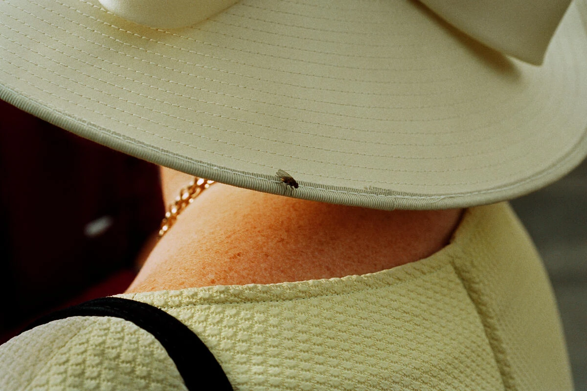 In Plain View by Martin Parr, photographed by Martin Parr — A fly rests on the brim of a cream hat above a sunburnt neck and a gold chain.