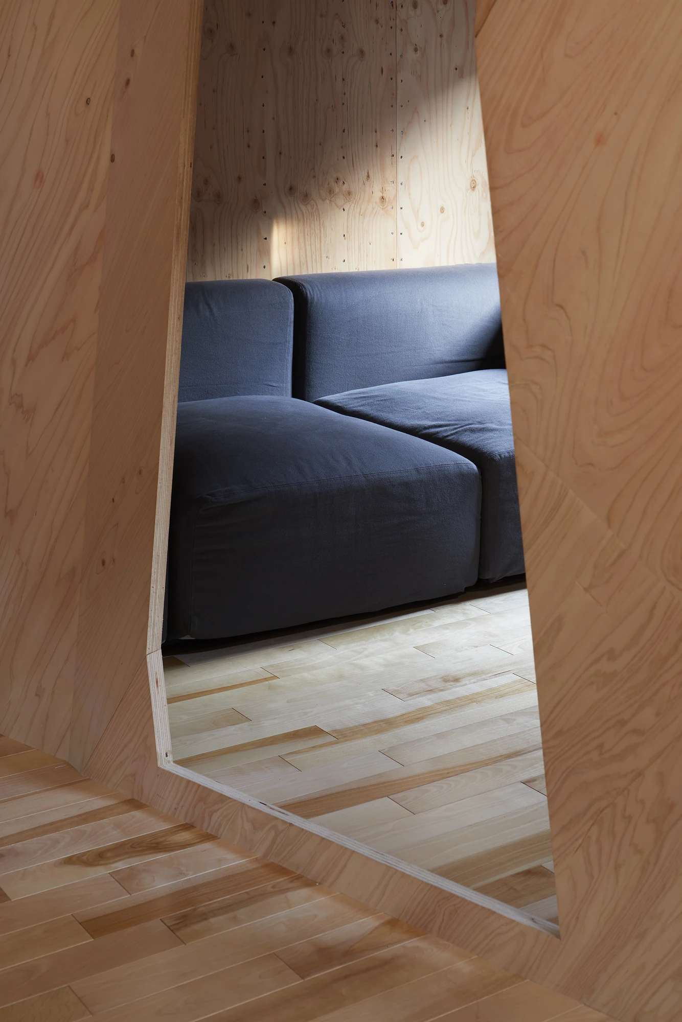 24mm Plywood House by Alphaville Architects, photographed by Alphaville Architects — A rectangular void cut through the plywood floor looks down onto a grey sofa in the room below, light raking across the boarded wall behind it.