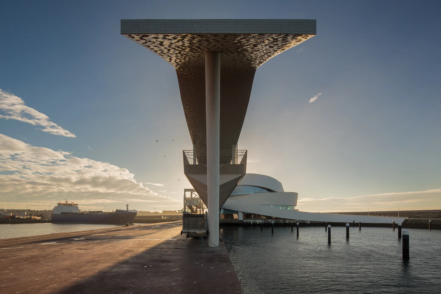 Leixões Cruise Terminal by Luís Pedro Silva Arquitecto, photographed by Fernando Guerra FG+SG — The gangway canopy cantilevers from a single white column over the cruise quay, its underside tiled in hexagons, a cargo ship moored across the water.