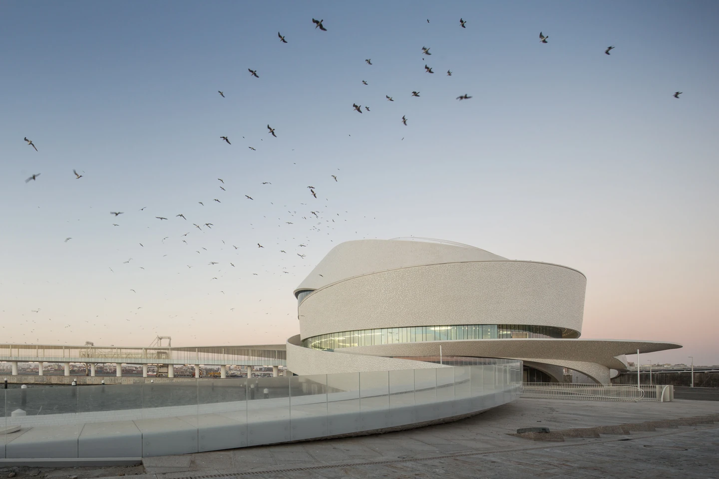 Leixões Cruise Terminal by Luís Pedro Silva Arquitecto, photographed by Fernando Guerra FG+SG — A flock of birds over the terminal at last light, the curved glass balustrade of the terrace in the foreground and the elevated walkway crossing to the left.