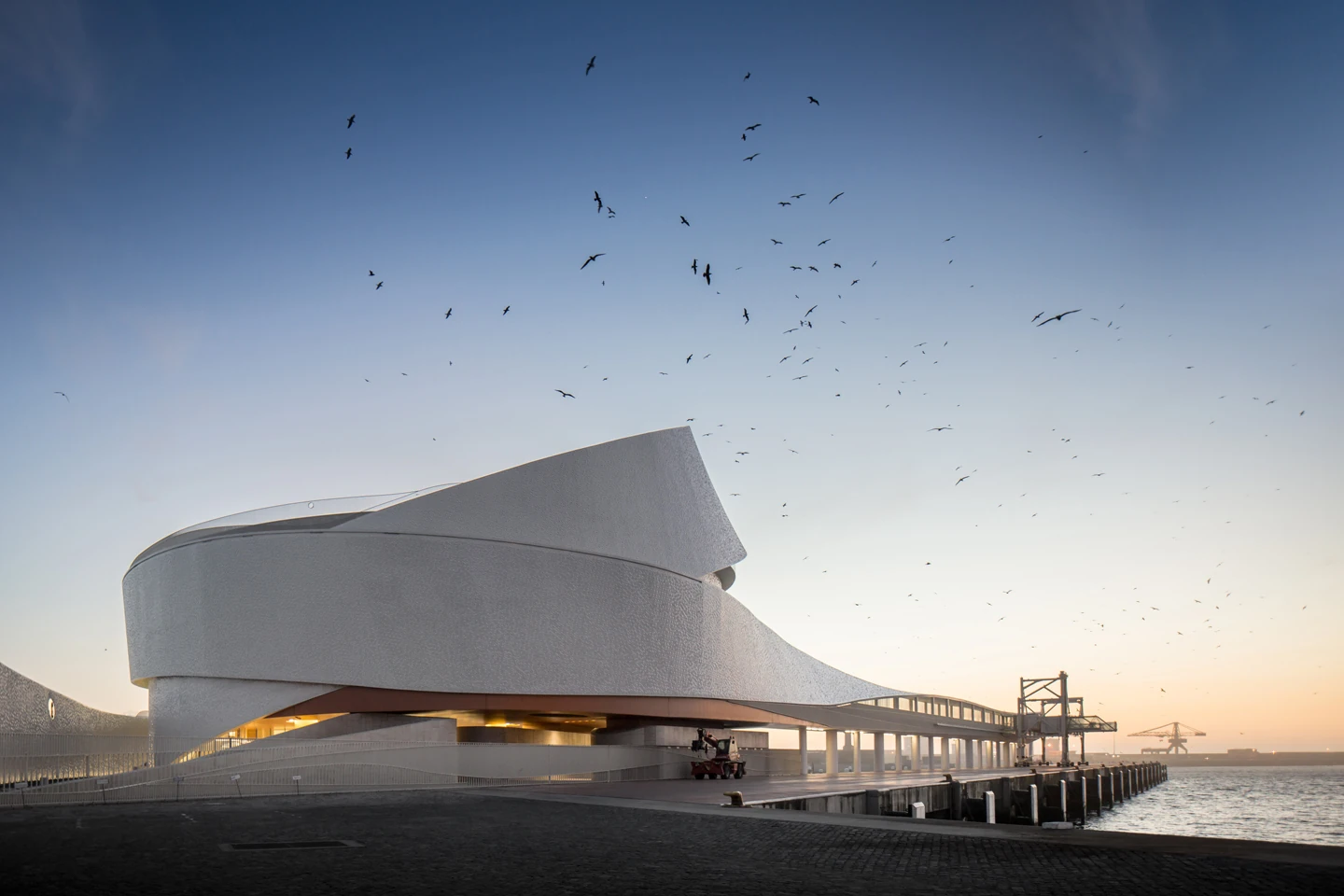 Leixões Cruise Terminal by Luís Pedro Silva Arquitecto, photographed by Fernando Guerra FG+SG — Gulls circle above the terminal at dusk as the quay runs out to the right, the gangway lit warm beneath the tiled overhang.