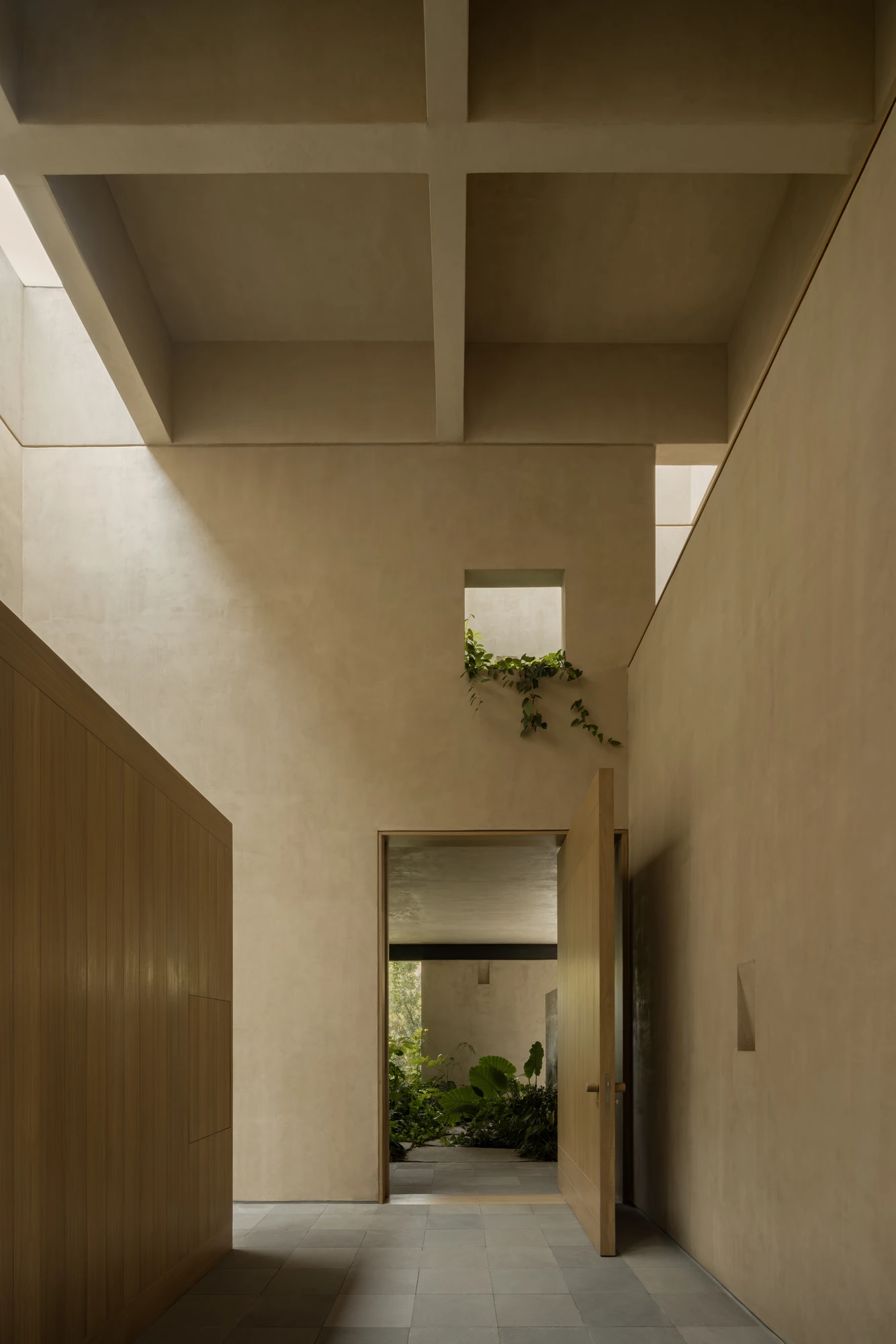 Casa Azaleas by V Taller, photographed by Funciono — A double-height entrance hall in warm plaster, an oak pivot door standing open toward a planted court, with a vine spilling from a high square opening.
