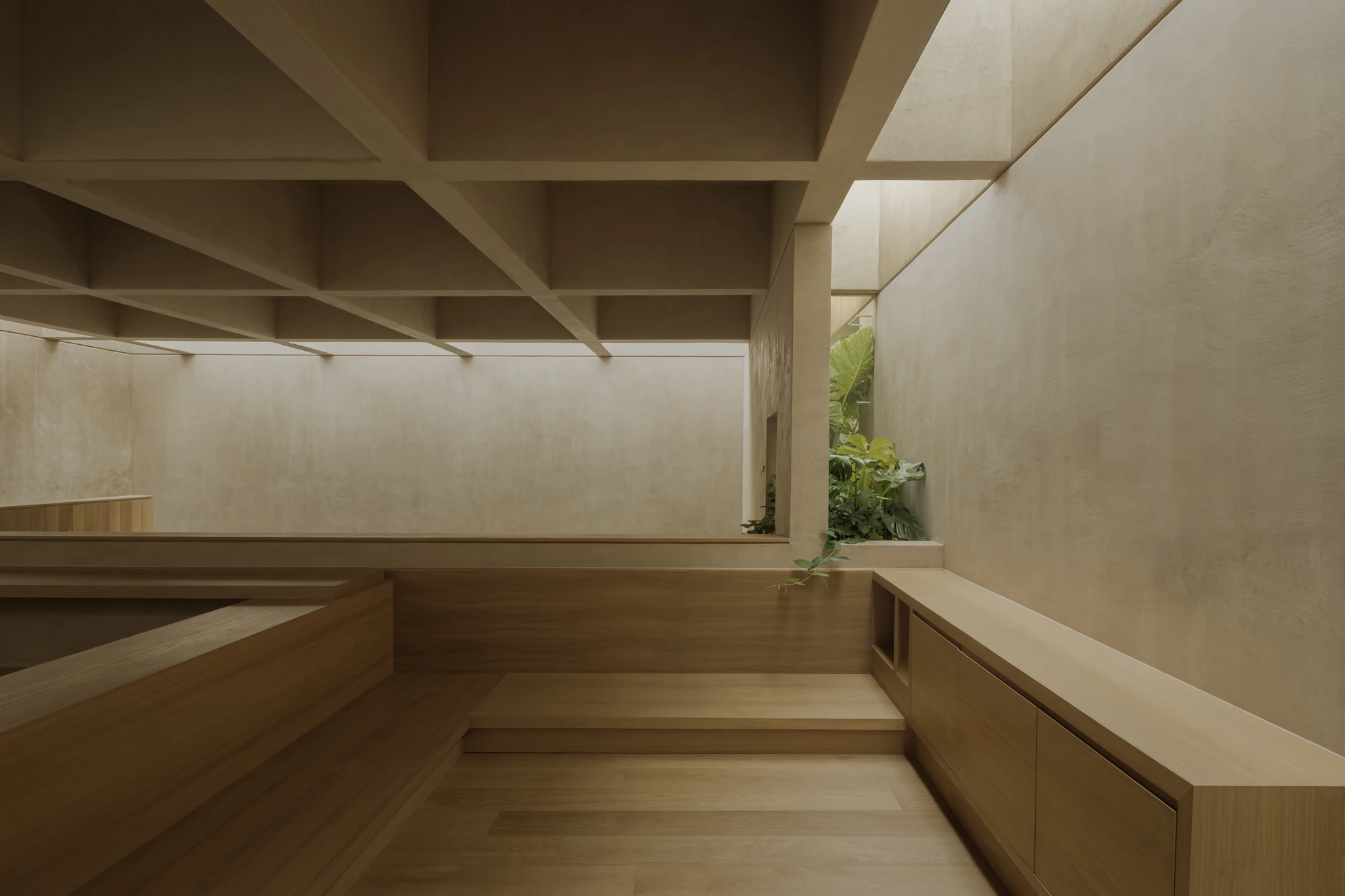 Casa Azaleas by V Taller, photographed by Funciono — An upper-level room lined with oak benches and cabinetry under a coffered slab, a monstera reaching through the opening on the far wall.