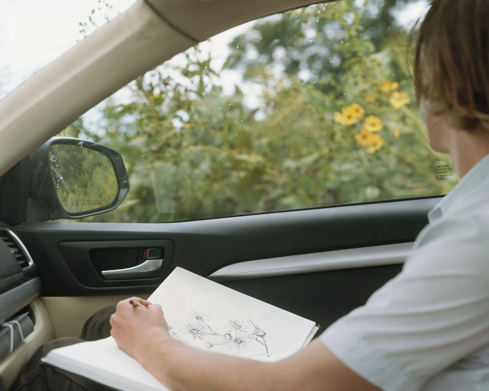 A Pound of Pictures by Alec Soth, photographed by Alec Soth — A passenger draws wildflowers in a sketchbook from the front seat of a car, yellow blooms crowding the open window, from A Pound of Pictures by Alec Soth.