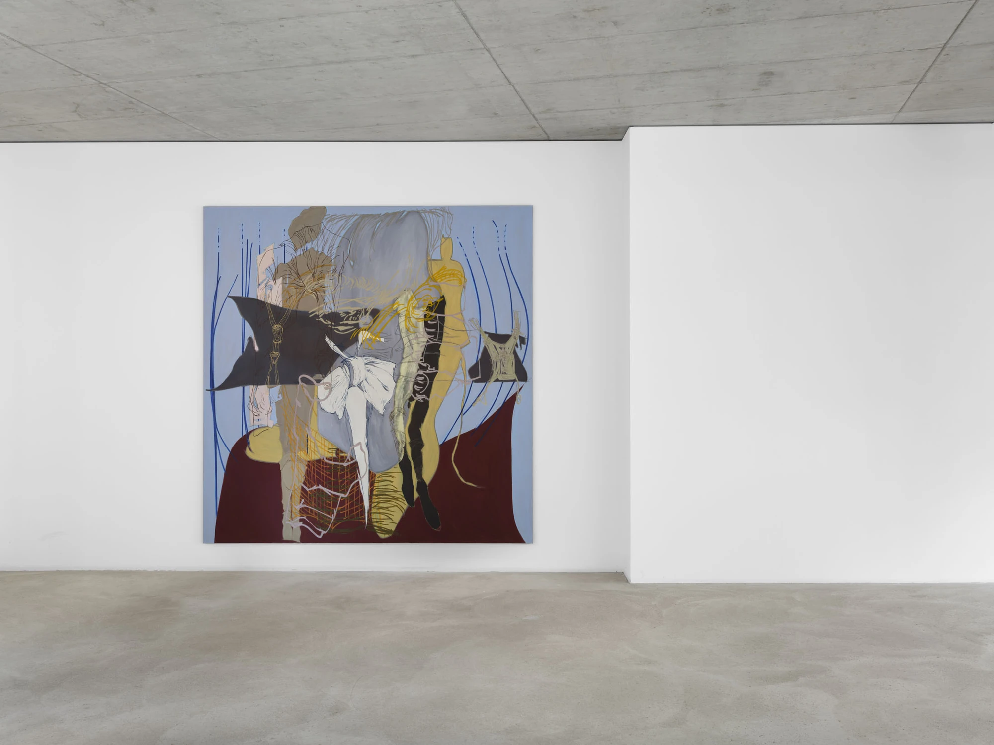 Apophenia by Galerie Molitor, photographed by Marjorie Brunet-Plaza — A powder-blue canvas with a maroon curtain-like mass, grey and yellow figures and ochre scribbles, on a white wall under a concrete ceiling.