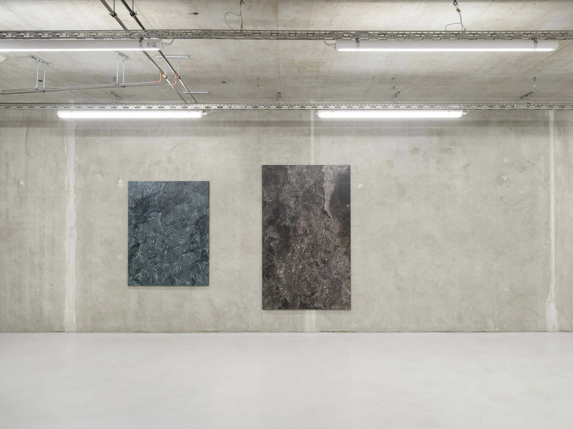 Apophenia by Galerie Molitor, photographed by Marjorie Brunet-Plaza — A teal-grey painting and a larger mauve one hang side by side on concrete beneath two fluorescent tubes.