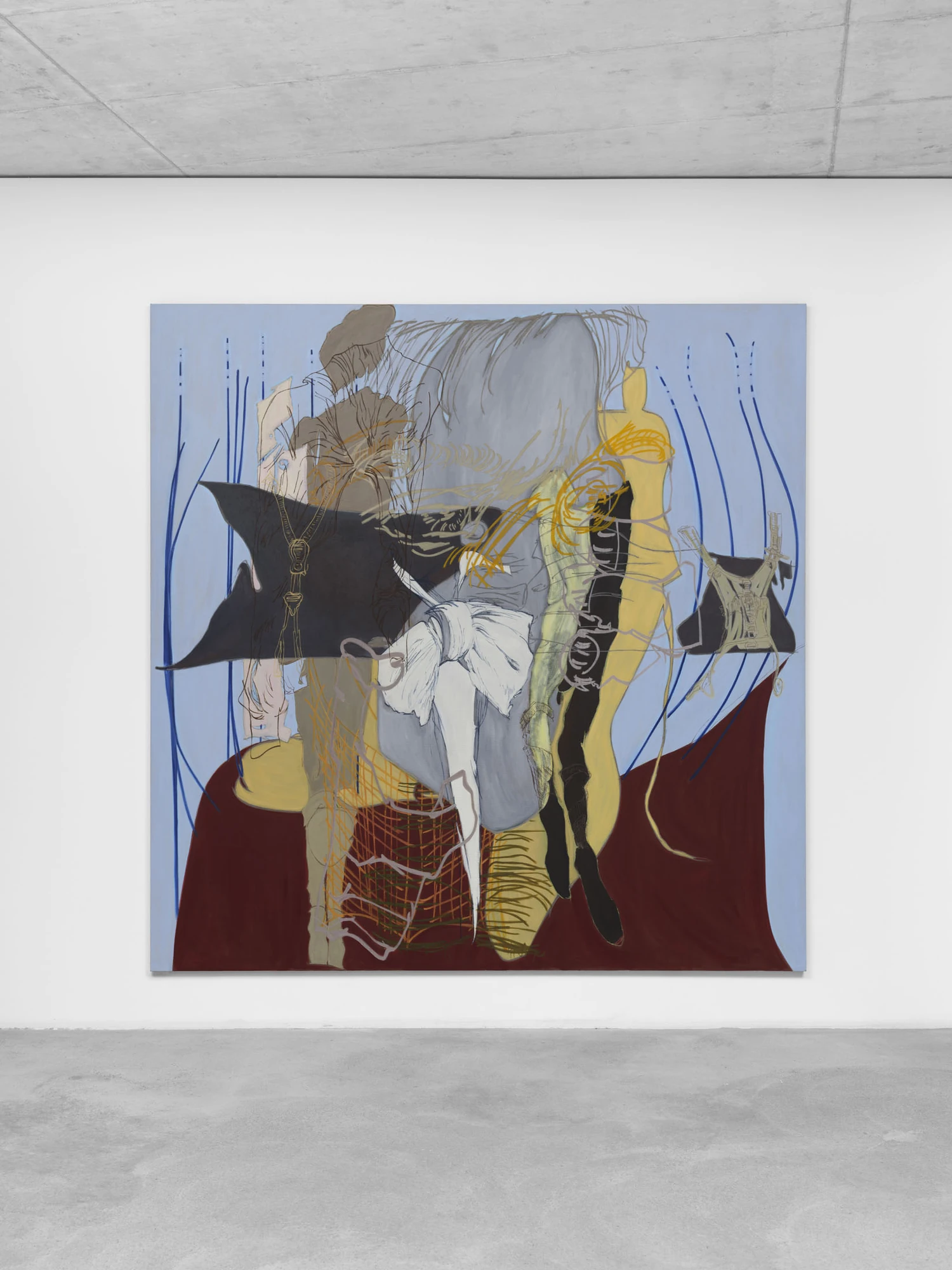 Apophenia by Galerie Molitor, photographed by Marjorie Brunet-Plaza — The powder-blue painting head-on, garments and limbs drifting over a maroon ground, blue lines falling like rain.