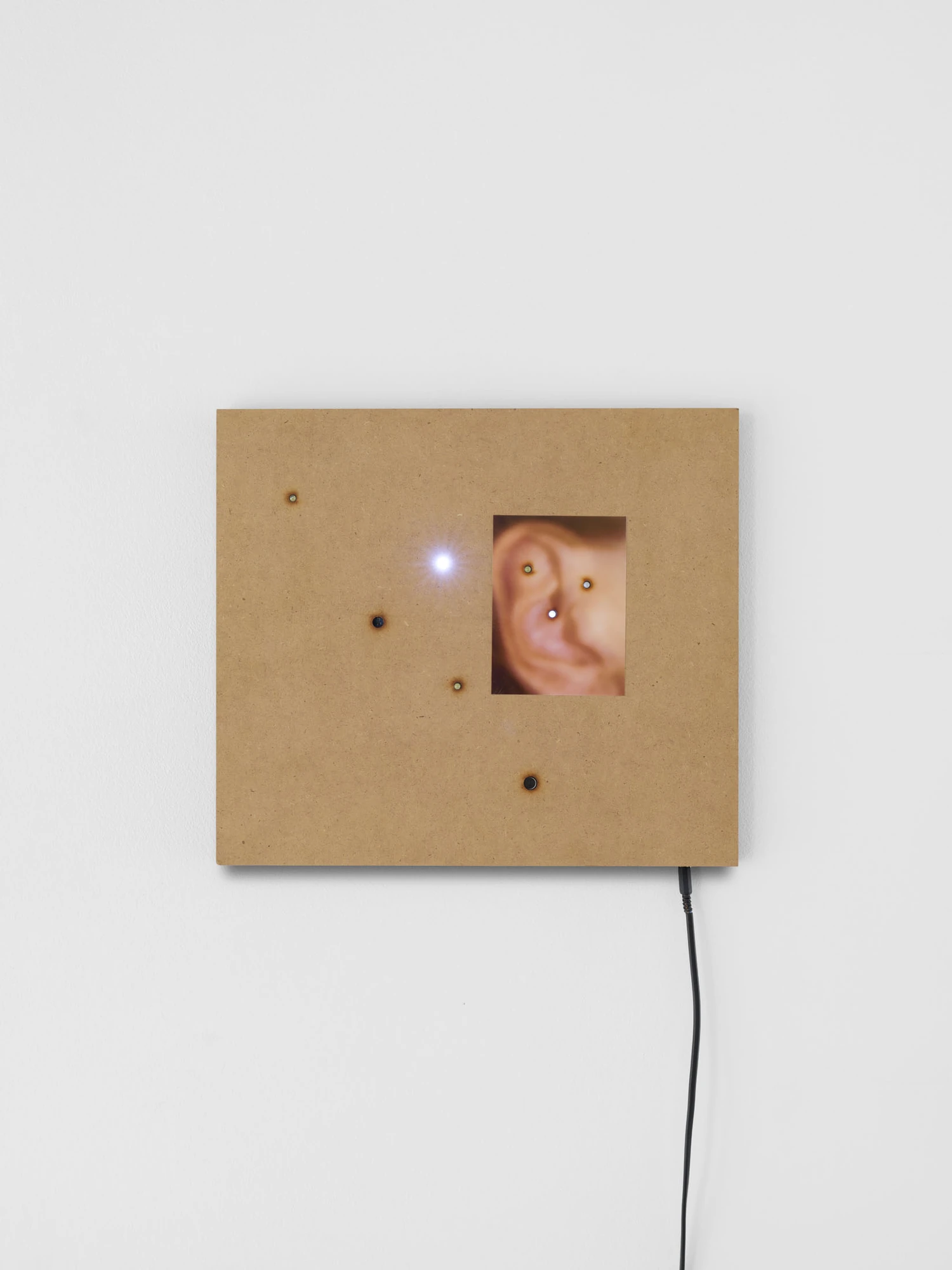 Apophenia by Galerie Molitor, photographed by Marjorie Brunet-Plaza — A raw MDF square with a screen showing the whorl of an ear, one white LED flaring beside it.