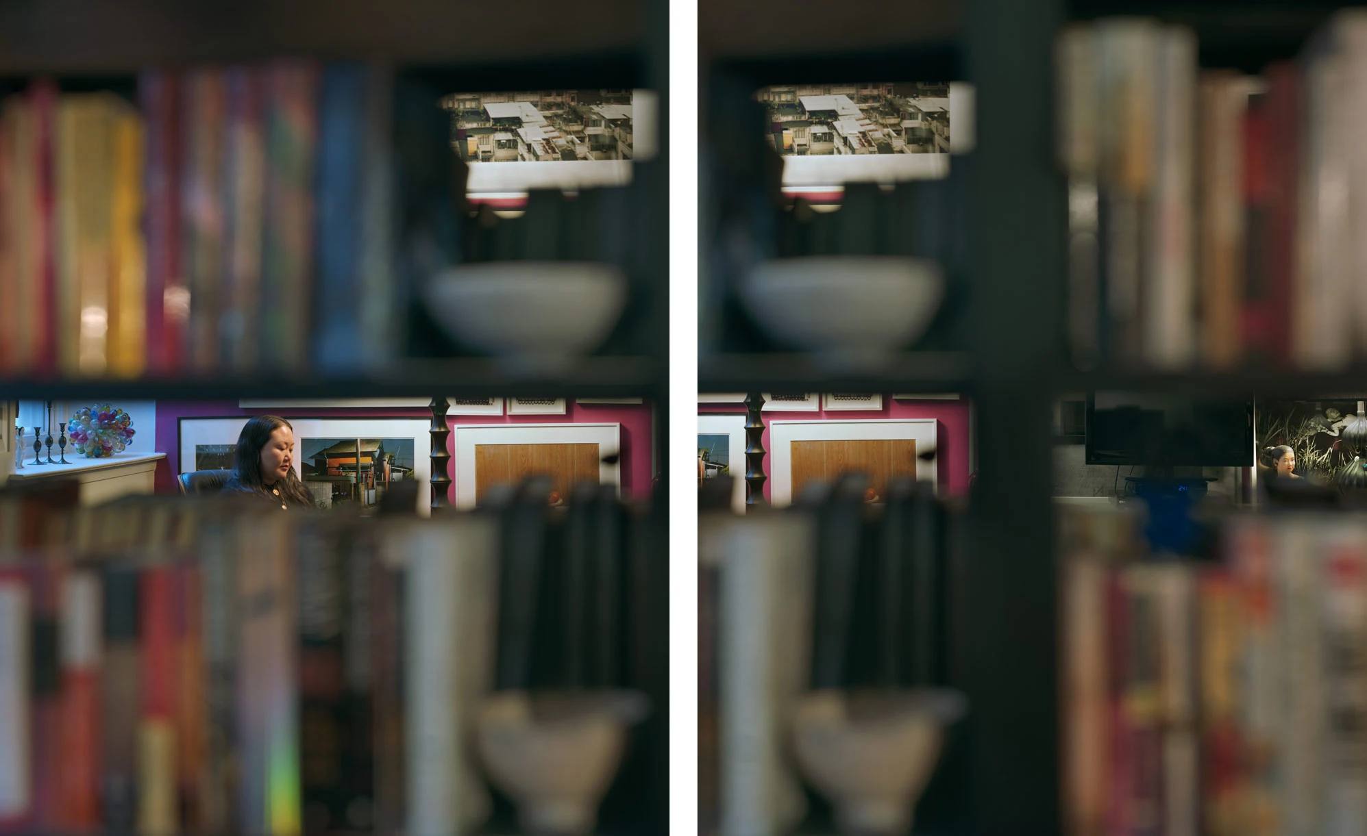 I Know How Furiously Your Heart Is Beating by Alec Soth, photographed by Alec Soth — Two-panel diptych looking through gaps in a bookcase at a woman at a desk, the view shifting between the panels, from I Know How Furiously Your Heart Is Beating by Alec…