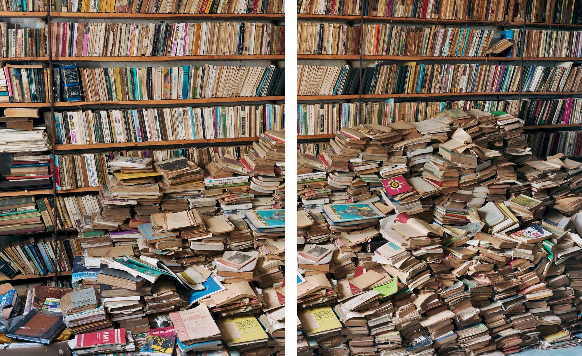 I Know How Furiously Your Heart Is Beating by Alec Soth, photographed by Alec Soth — Two-panel diptych of a bookshop interior where the stock has slid from the shelves into a slope across the floor, from I Know How Furiously Your Heart Is Beating by…