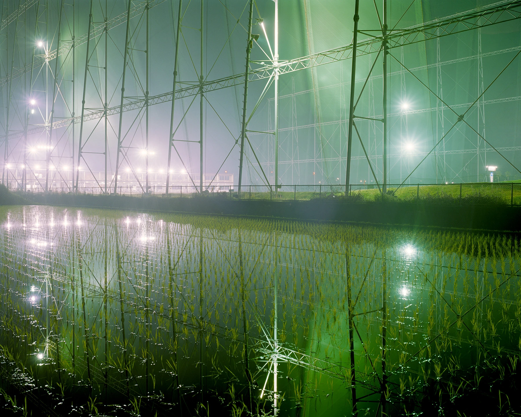 MIYAZAKI by Mark Power, photographed by Mark Power — A driving range at night, floodlights and steel netting towers reflected in a flooded rice paddy of young seedlings, the whole frame washed green.