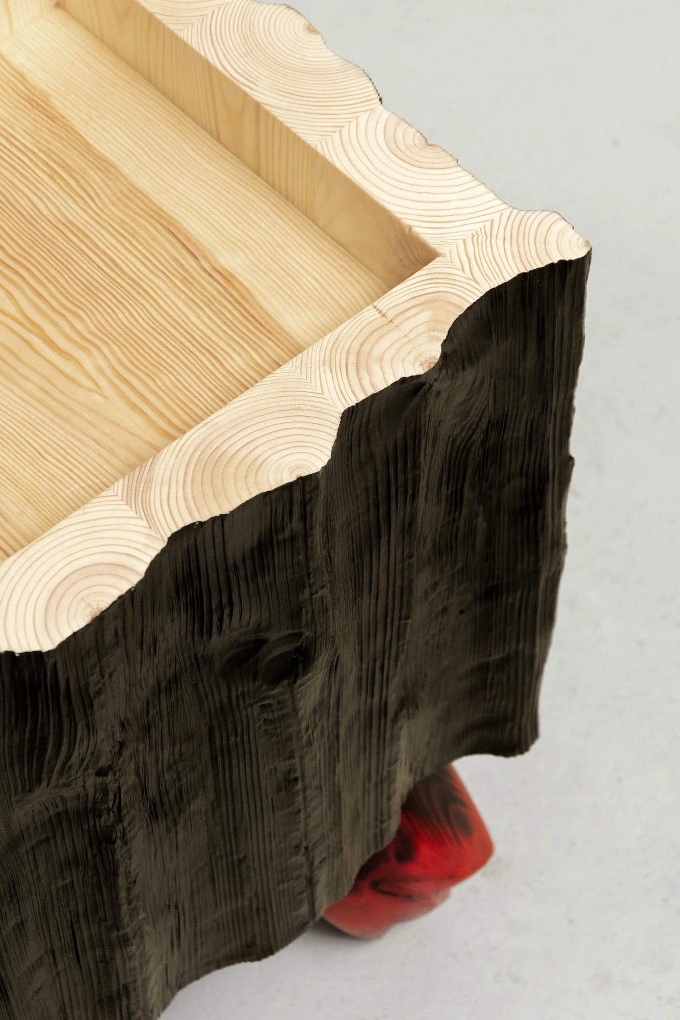 In Between Wood and Fire by Didi NG Wing Yin, photographed by Didi NG Wing Yin — Detail of Rocket Side Table No.2 looking into the hollow, growth rings ringing the pale rim above the black outer wall and one red leg below.