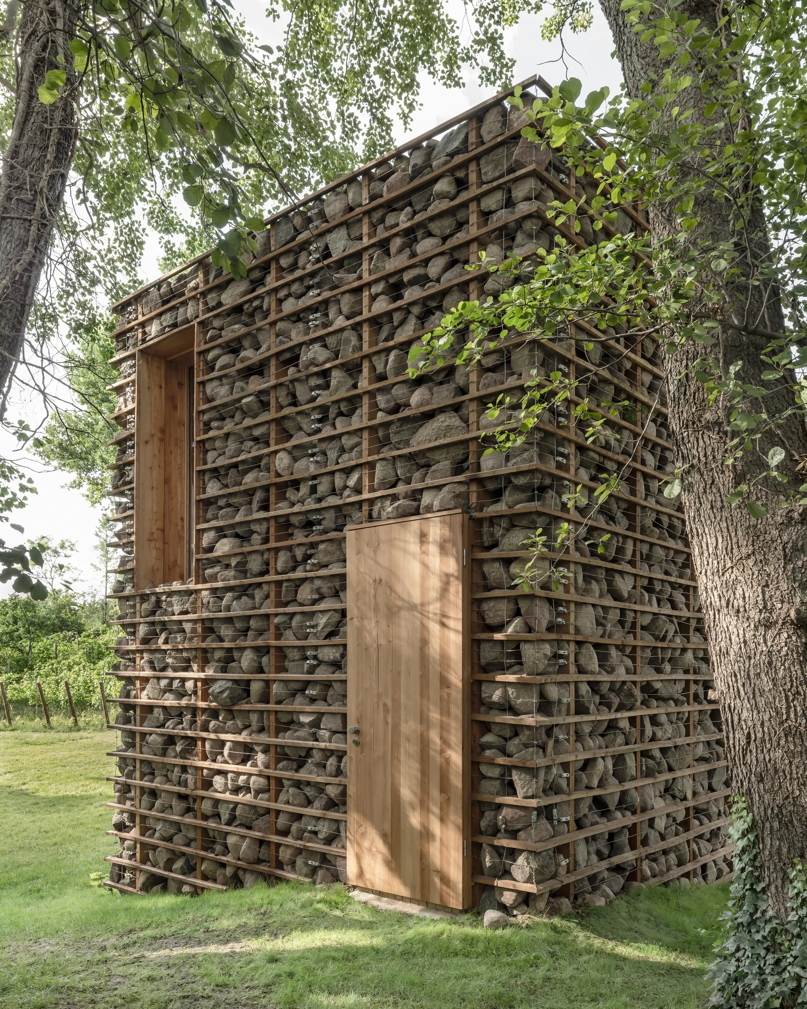 HAIN by undjurekbrüggen, photographed by Hannes Heitmüller — A three-quarter view of the stone-caged volume with a vertical larch door set into the corner and foliage trailing down across the battens.