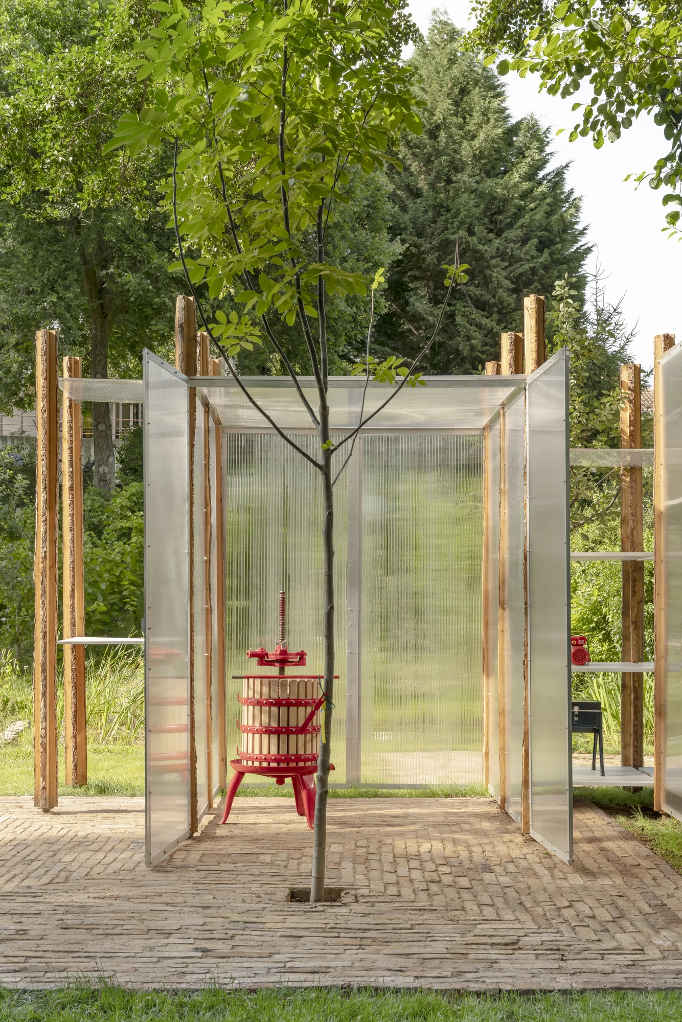 HAIN by undjurekbrüggen, photographed by Hannes Heitmüller — The larch and corrugated pavilion built around a young tree, a red basket press standing on the brick paved floor inside.
