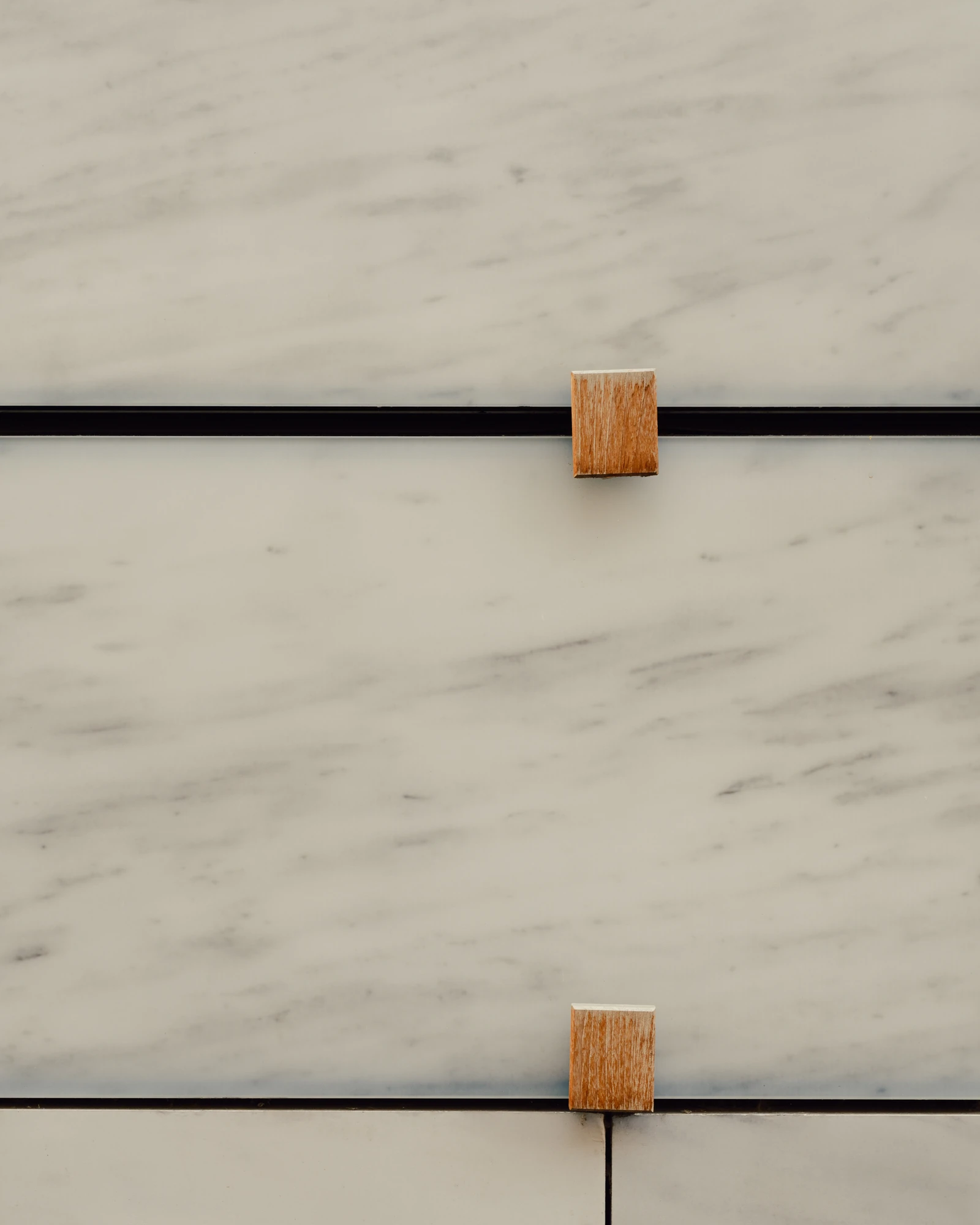 Église Saint-François de Molitor by Corinne Callies and Jean-Marie Duthilleul — A tight frame on two timber fixing blocks straddling the black rails that cross the veined white marble.