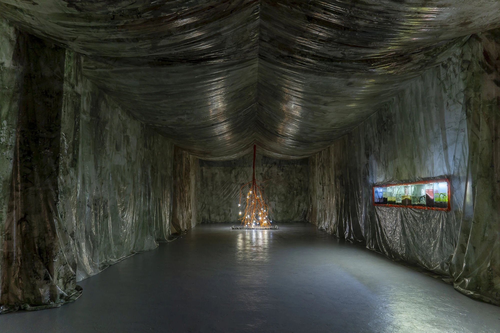 Paulina Mellado at MAC, Santiago by MAC Santiago — Installation view of the exhibition's aqueous, storm-like vision of a future nature.