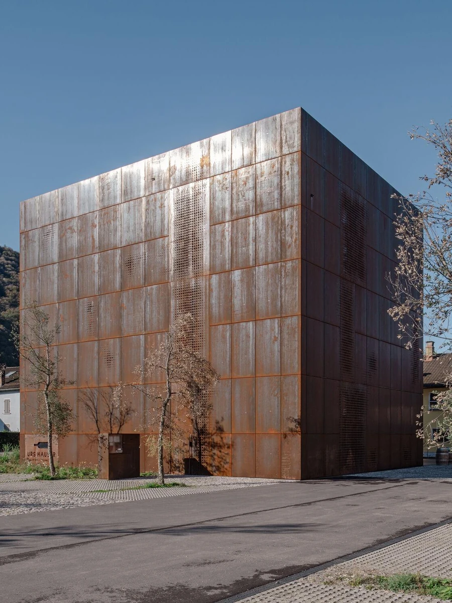 Urs Hauser Winery by WDMRA, photographed by Giacomo Albo — A three-quarter view of the Corten cube catching low sun above a wooded Ticino hillside, bare trees and village houses gathered at its base.