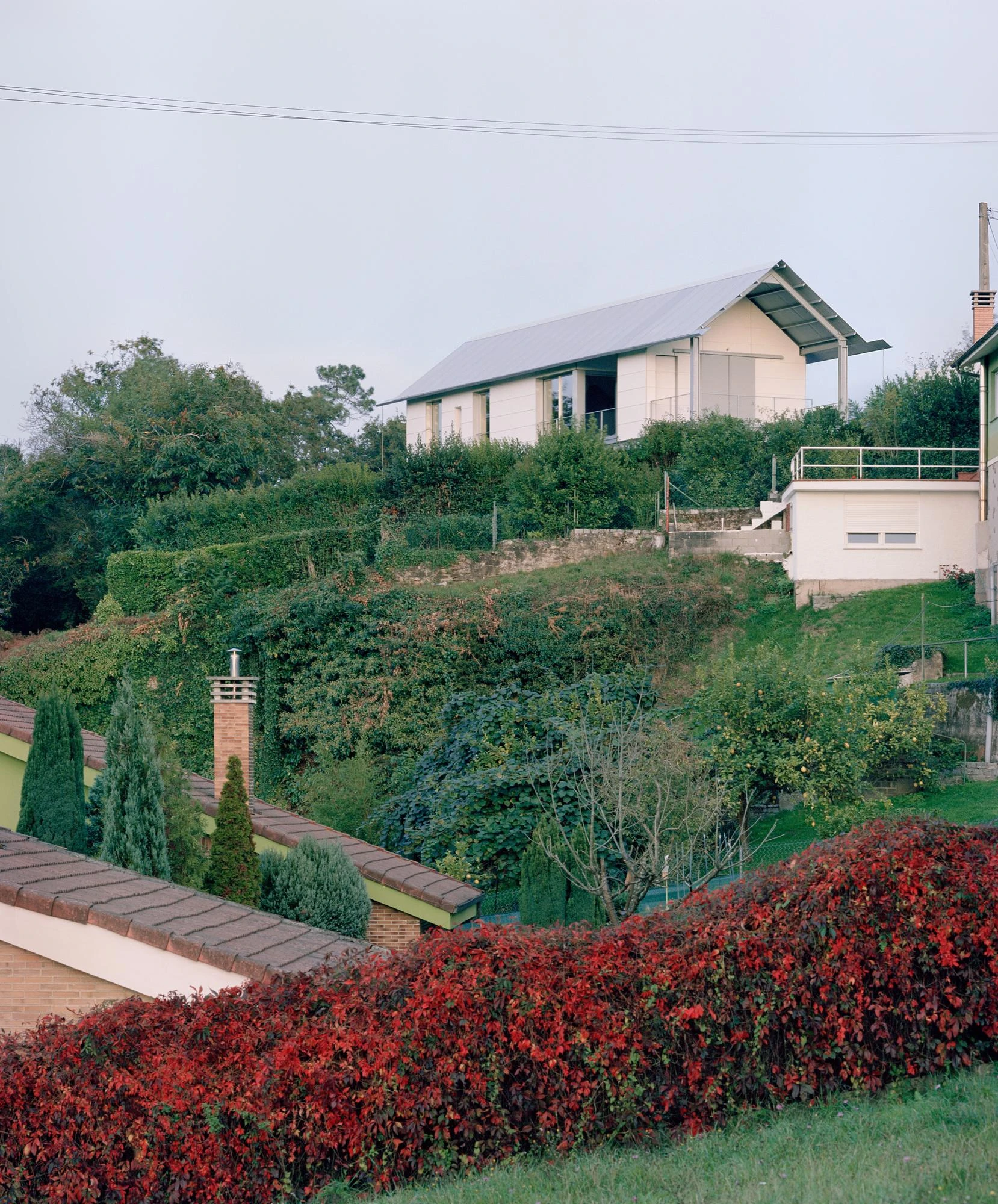 Casa Guadalupe by HANGHAR, photographed by Rory Gardiner — The white pitched house seen across the hillside, sitting above tile-roofed neighbours and a hedge turning deep red.