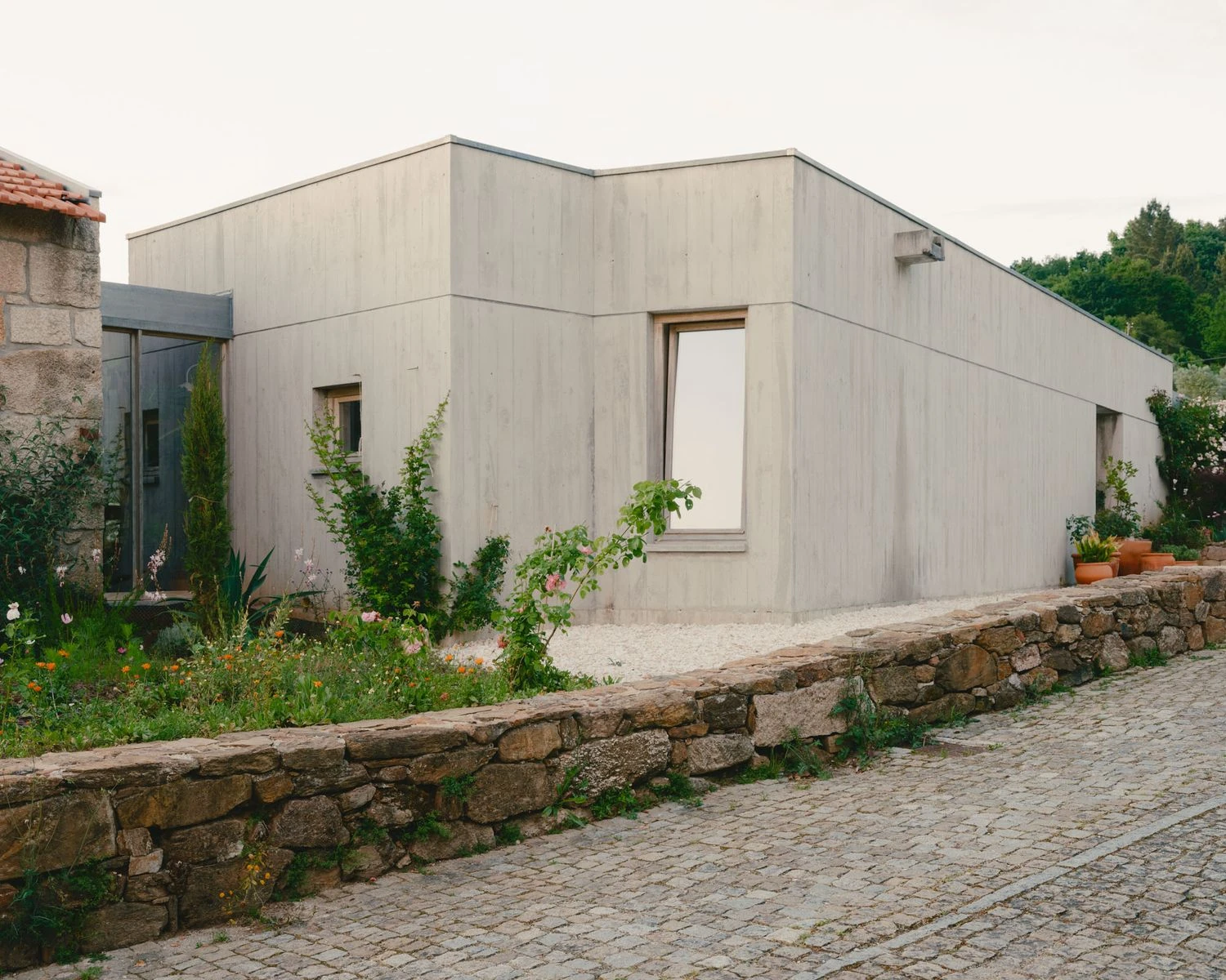 Casa de Souvinha by Parto Atelier, photographed by Francisco Ascensão, Parto Atelier — The concrete volume turns a blunt corner above a cobbled street, its pale board-formed walls rising behind a dry-stone planter thick with roses and marigolds.