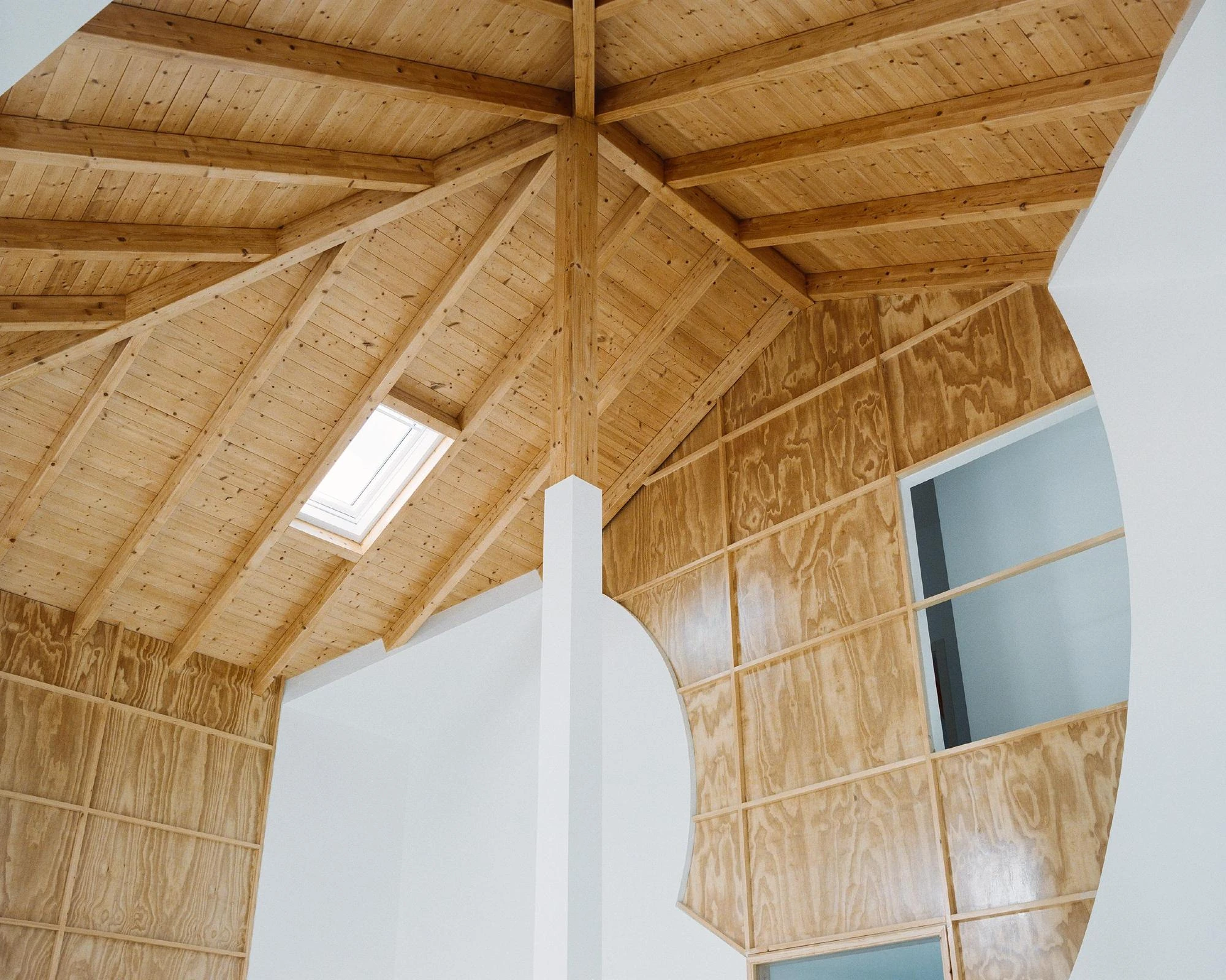 Cutouts by Corpo Atelier, photographed by Francisco Ascensão — Looking up into the spruce roof, rafters radiate from a central beam past a skylight, plywood walls curving away where their organic cuts meet the white.