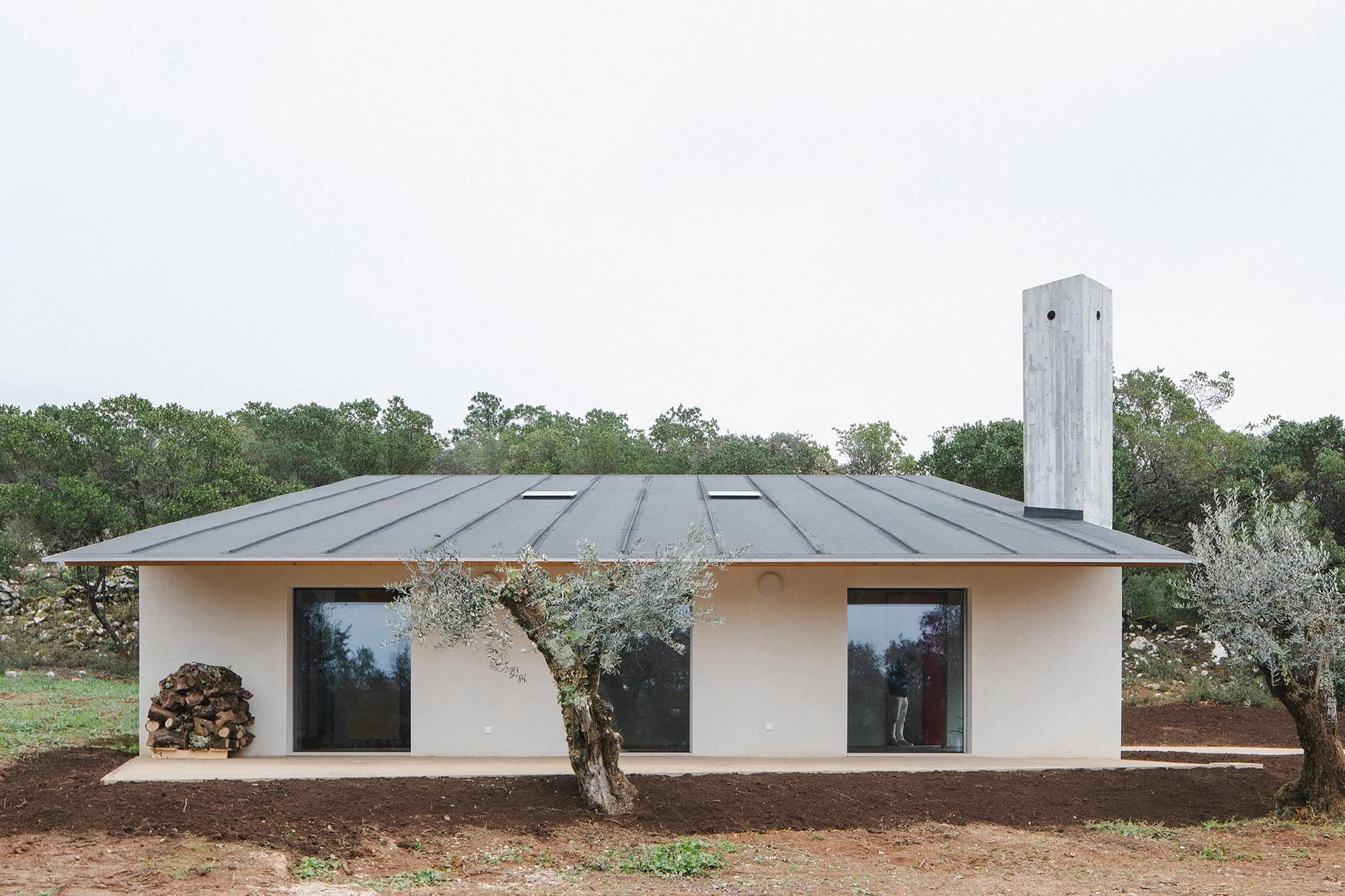 House in Cerrado by Atelier Espaço P2, photographed by José Campos — A symmetrical view of the white volume under its dark slate roof, an old olive tree and a stacked woodpile set against tall windows.