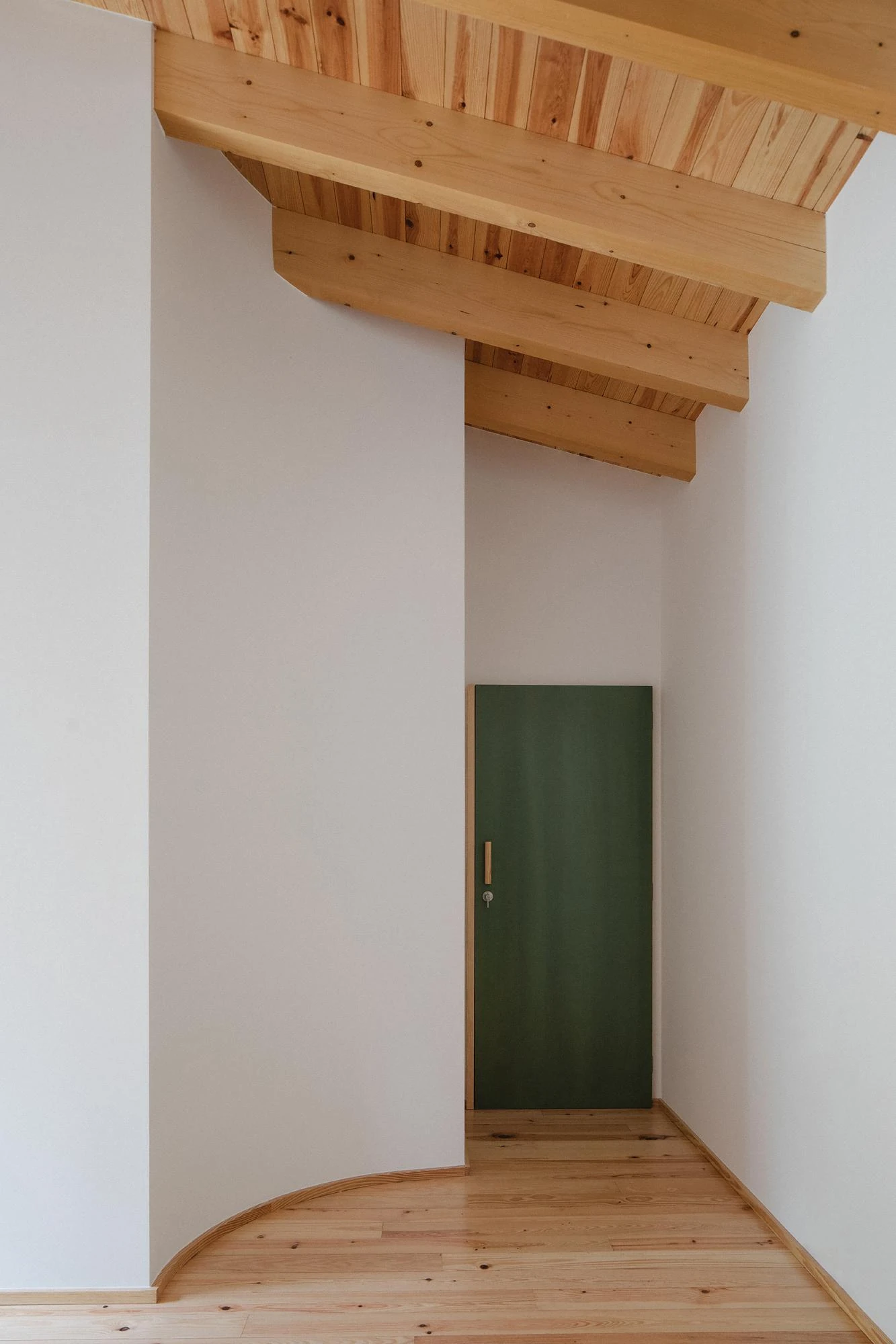 House in Cerrado by Atelier Espaço P2, photographed by José Campos — A recessed alcove holds a slim forest-green door beneath the sloping run of exposed pine beams and tall white walls.