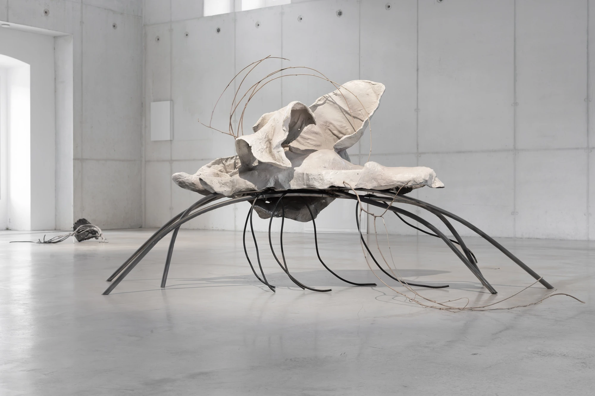 Accomplice by Yein Lee, photographed by Blaž Gutman / MGML — Detail of the ground-based pool, a knot of pale and dark cables rising from a surface of swirled grey sediment.