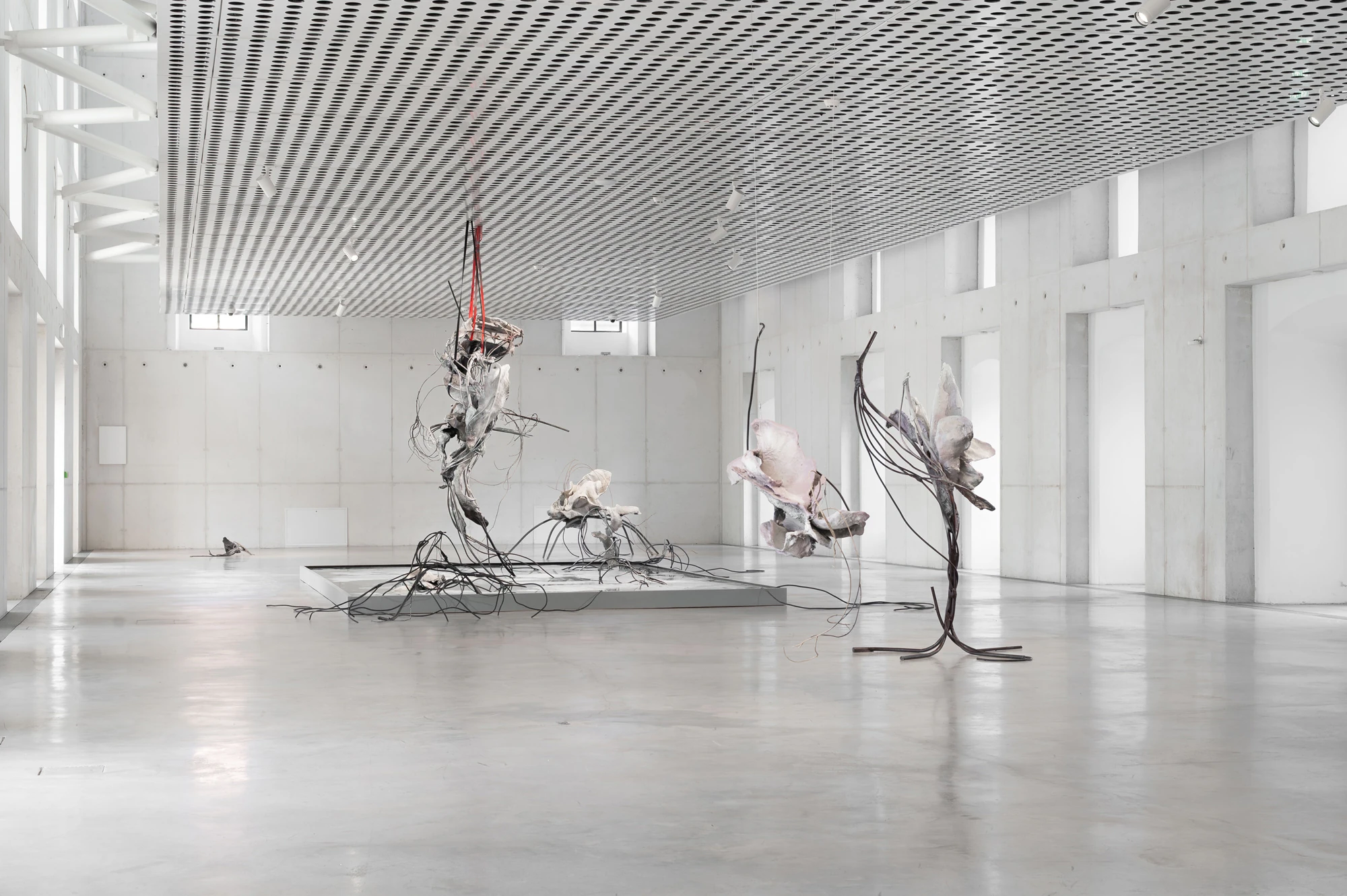 Accomplice by Yein Lee, photographed by Blaž Gutman / MGML — Wide installation view showing a tall dark central sculpture, a pale pink work suspended at right, and the pool between them.