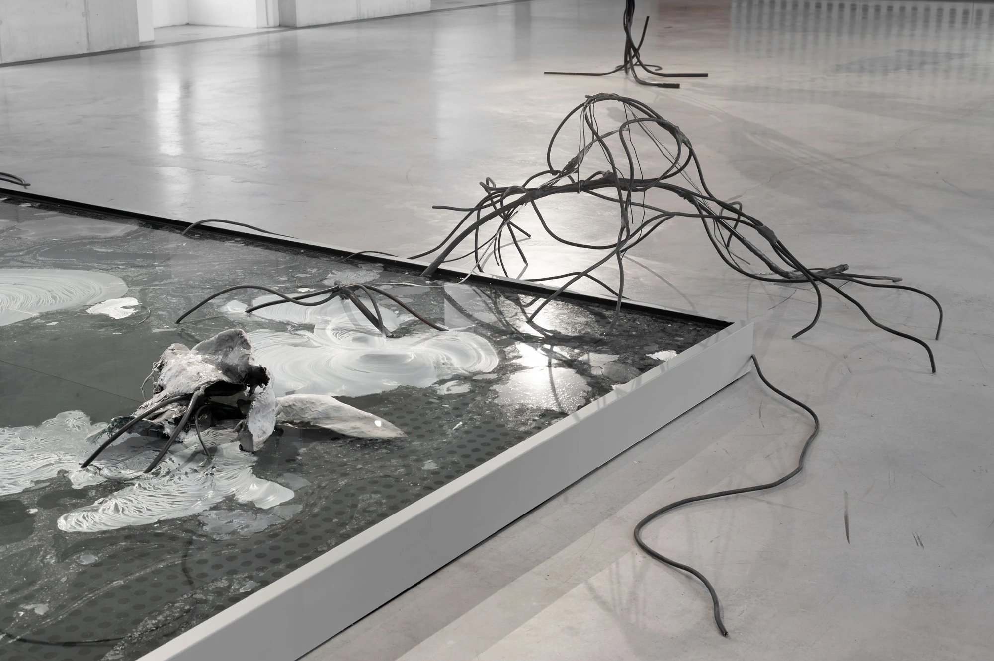 Accomplice by Yein Lee, photographed by Blaž Gutman / MGML — Pool-edge detail, a pale sculptural form half-submerged in swirled sediment as a length of cable loops out onto the floor.