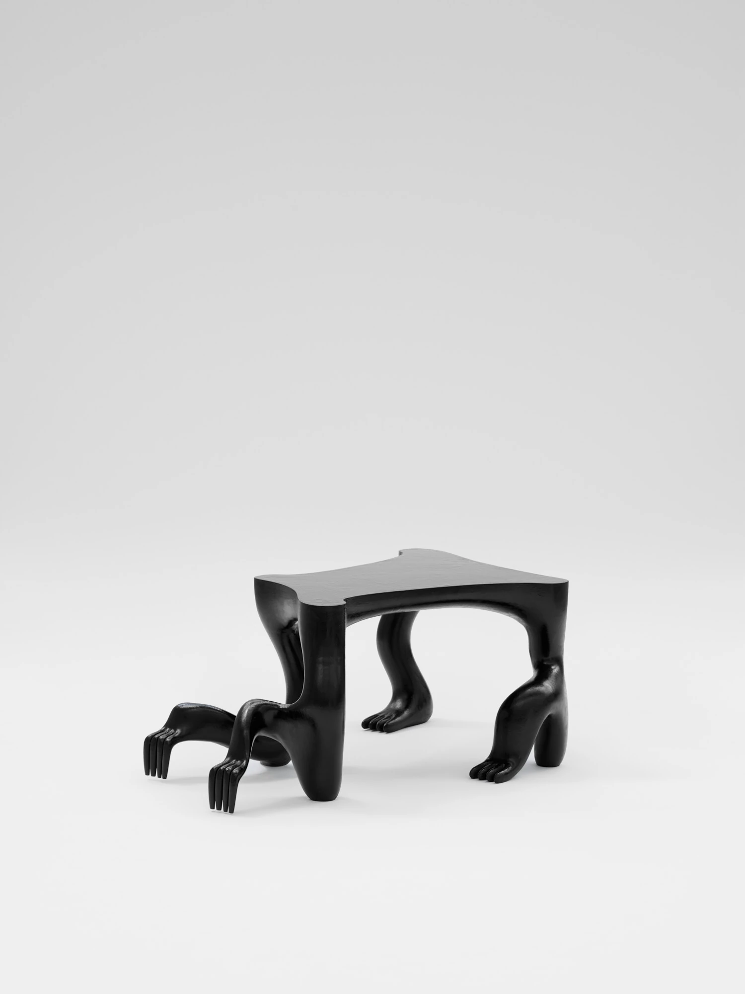 Extrude, Bridge, Fill by Lasse Sylvest Lilleør, photographed by Robert Damisch — The Crawler Coffee Table, a black top carried on cast human legs and hands frozen mid-stride, printed in PETG, resin, dye and steel tubes.