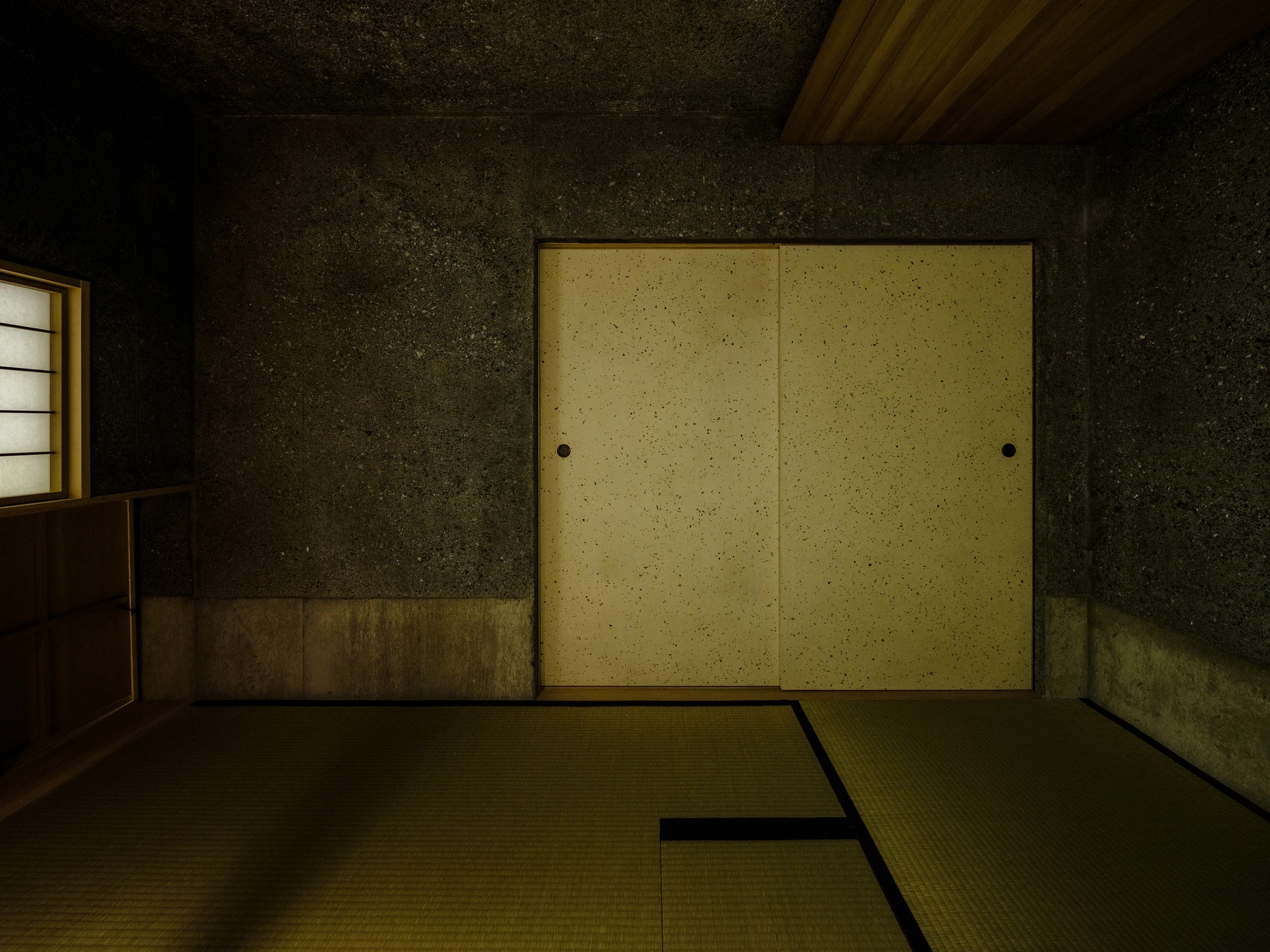 Konkuri-an by Teitakusubako, Yusuke Igarashi Architects, photographed by Kentaro Nemoto, Kazumasa Harada — A wall of pale sliding panels beside washed concrete, tatami laid in a stepped pattern across the floor.