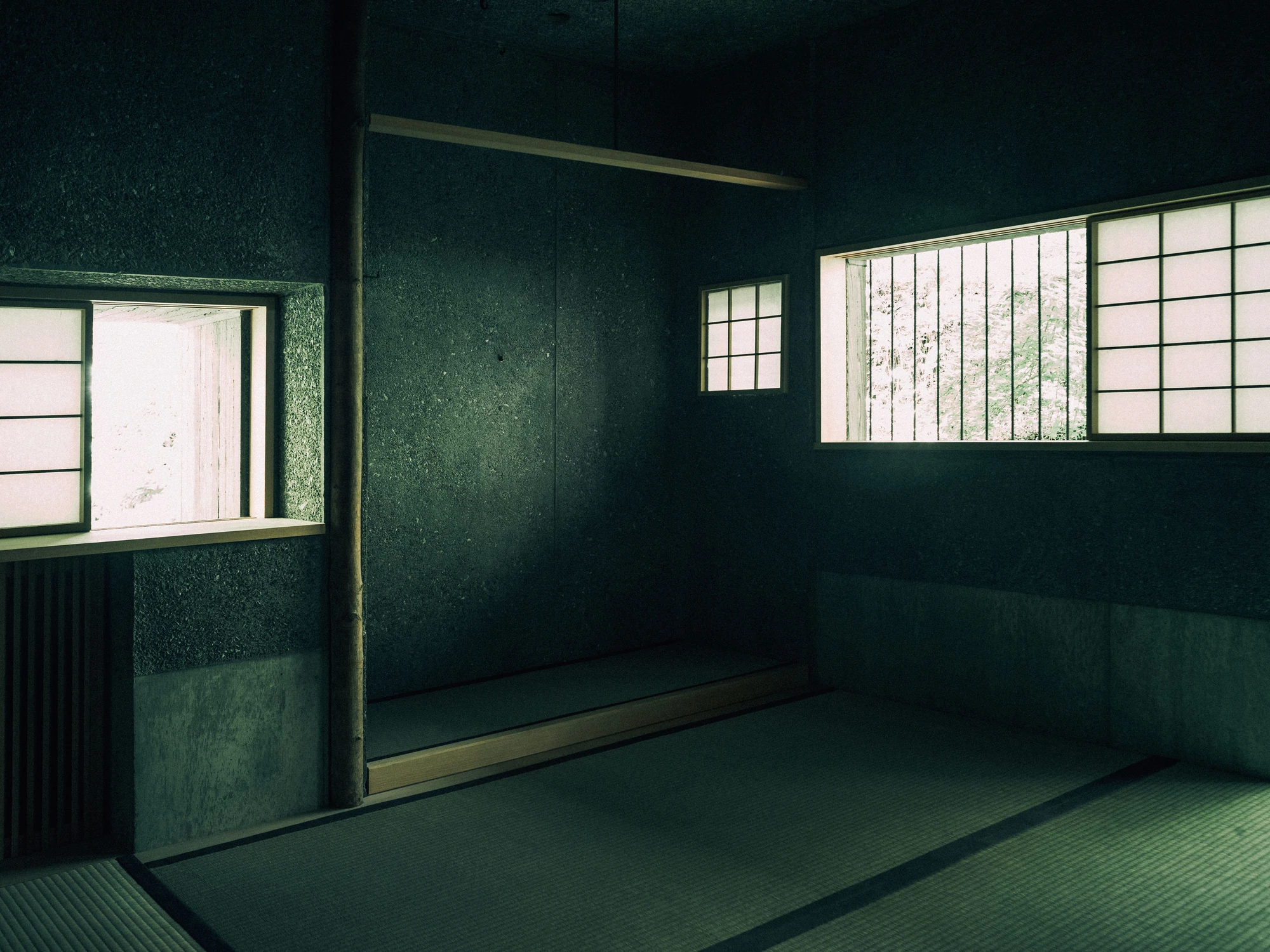 Konkuri-an by Teitakusubako, Yusuke Igarashi Architects, photographed by Kentaro Nemoto, Kazumasa Harada — A slender post stands against washed concrete, paper screens carrying green light from the garden into the room.