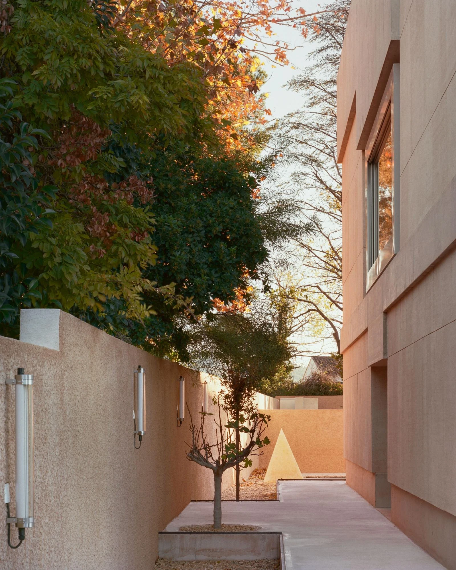 Cultural and Community Center, Coudoux by atelier EGR, photographed by Giaime Meloni — A narrow court runs along the boundary wall to a stone pyramid, a young tree at its centre.