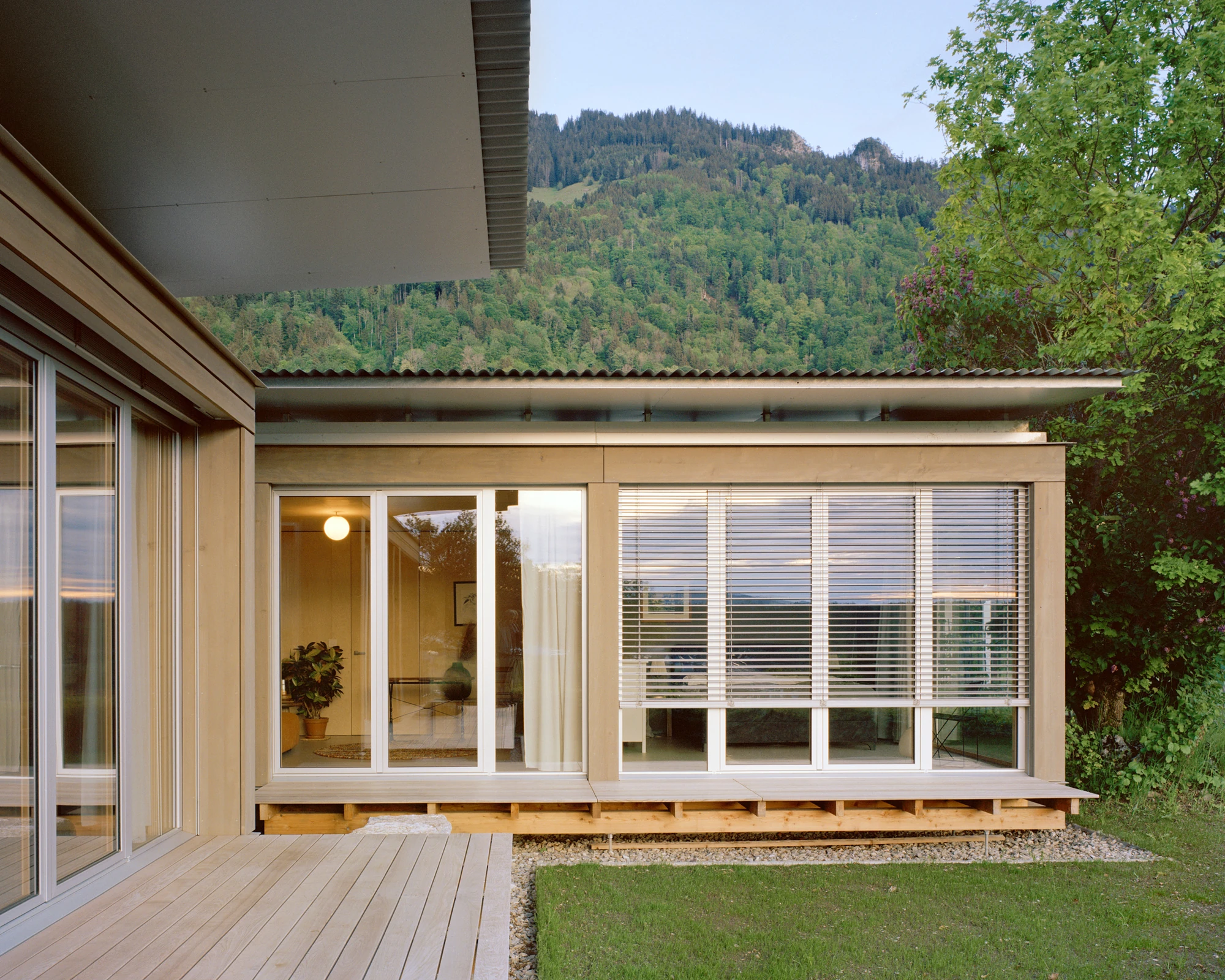 Plywood House by Charly Jolliet Architecte, photographed by Maxime Delvaux — A timber volume clad in vertical wood turns a full-height glazed wall toward the oak and the fields beyond.