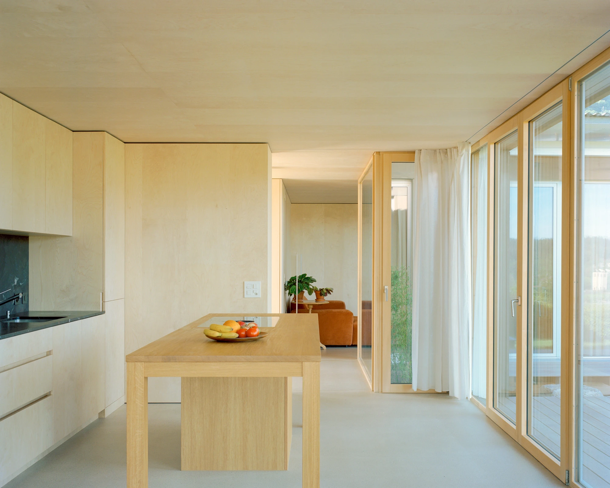 Plywood House by Charly Jolliet Architecte, photographed by Maxime Delvaux — The living volume opens through a glazed elevation raised on its pile base, the cold roof running out to a thin edge.