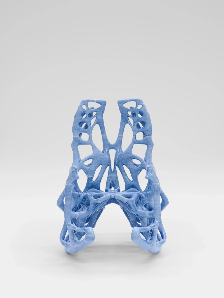 Extrude, Bridge, Fill by Lasse Sylvest Lilleør, photographed by Robert Damisch — The bone-blue Rocking Chair in PLA, resin and dye, its frame an open lattice of ligaments seen head-on.