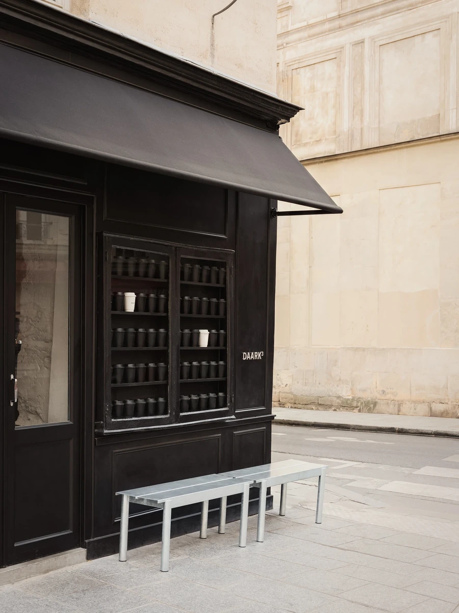 DAARK by Rodaa Studio, photographed by Adrien Ozouf — DAARK coffee shop entrance from the street on rue de Turenne, Paris.