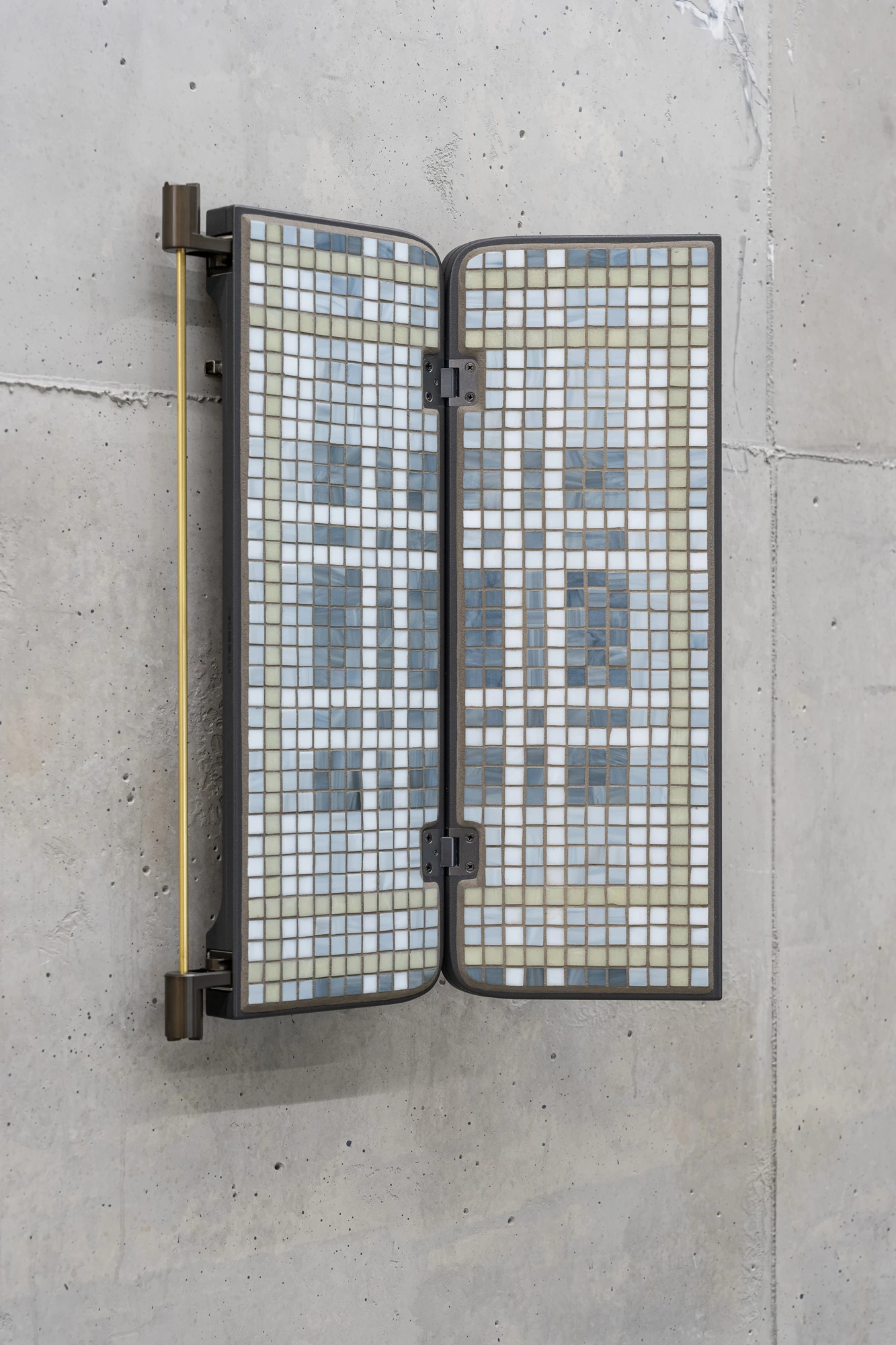 Addresses Without Names by Ju Young Kim, photographed by Dirk Tacke — She was hungry and awake at strange hours, 2026, an aircraft tray table opened flat, its leaves filled with blue, white and pale green glass mosaic, with stone, aluminium and bronze,…