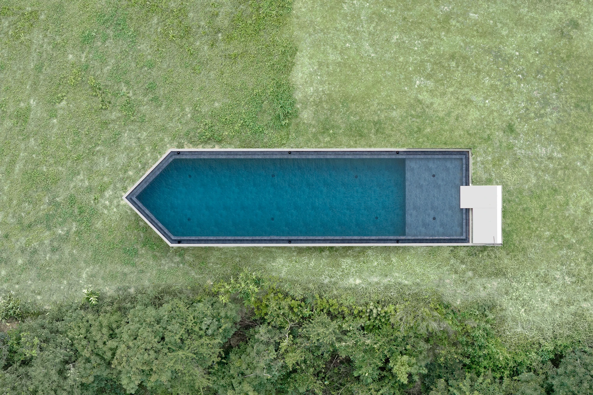 Val Mira by Andreas Gruber Architects, photographed by Gustav Willeit — Overhead view of the elongated, pointed pool, its dark stone rim set into mown grass at the forest edge.