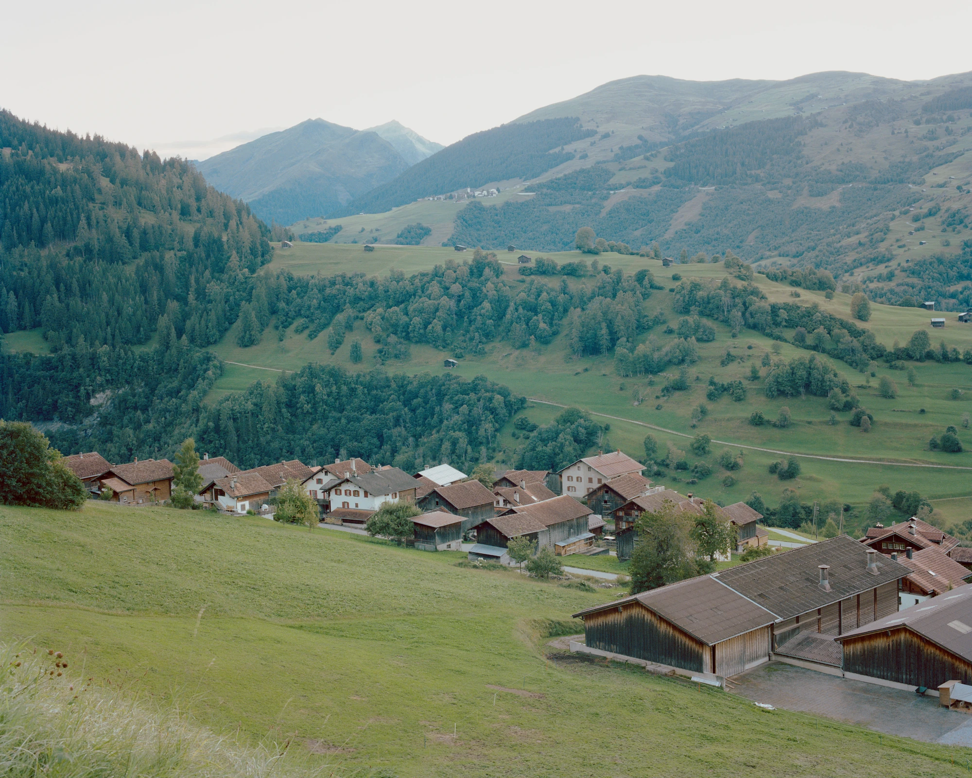 Via Seneria by Dario Wohler, photographed by Willem Pab — A cluster of timber and rendered houses with brown pitched roofs sits on a green valley shelf, forested slopes and pale ridgelines receding under a soft overcast sky.