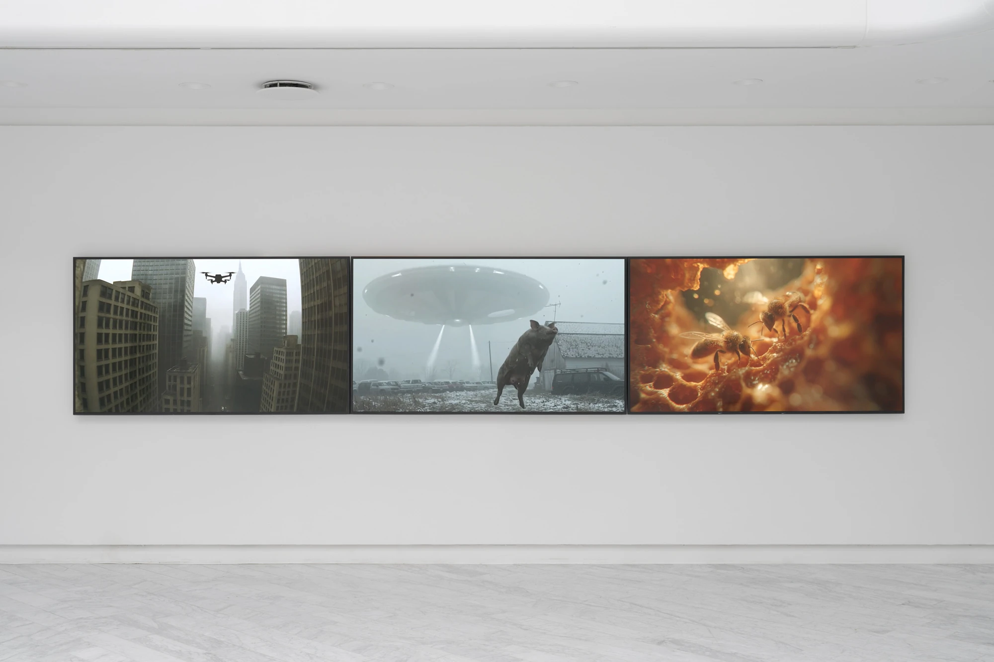 Walls at the World’s End by Louis Morlæ, photographed by David Stjernholm — Three video screens run in a row on a white wall: a fogbound city with a drone, a saucer lifting a pig above a snowed-in farm, and bees crowding a glowing honeycomb.