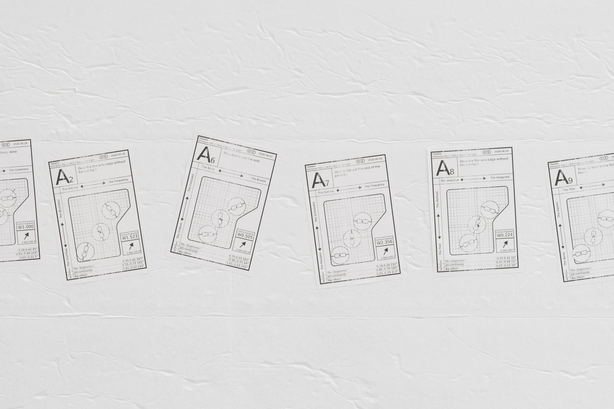 Walls at the World’s End by Louis Morlæ, photographed by David Stjernholm — A row of printed sheets taped to a white wall, each a technical score marked A2 through A9 with grids, paired axes, centre-of-gravity readings and the names Sloptomist,…